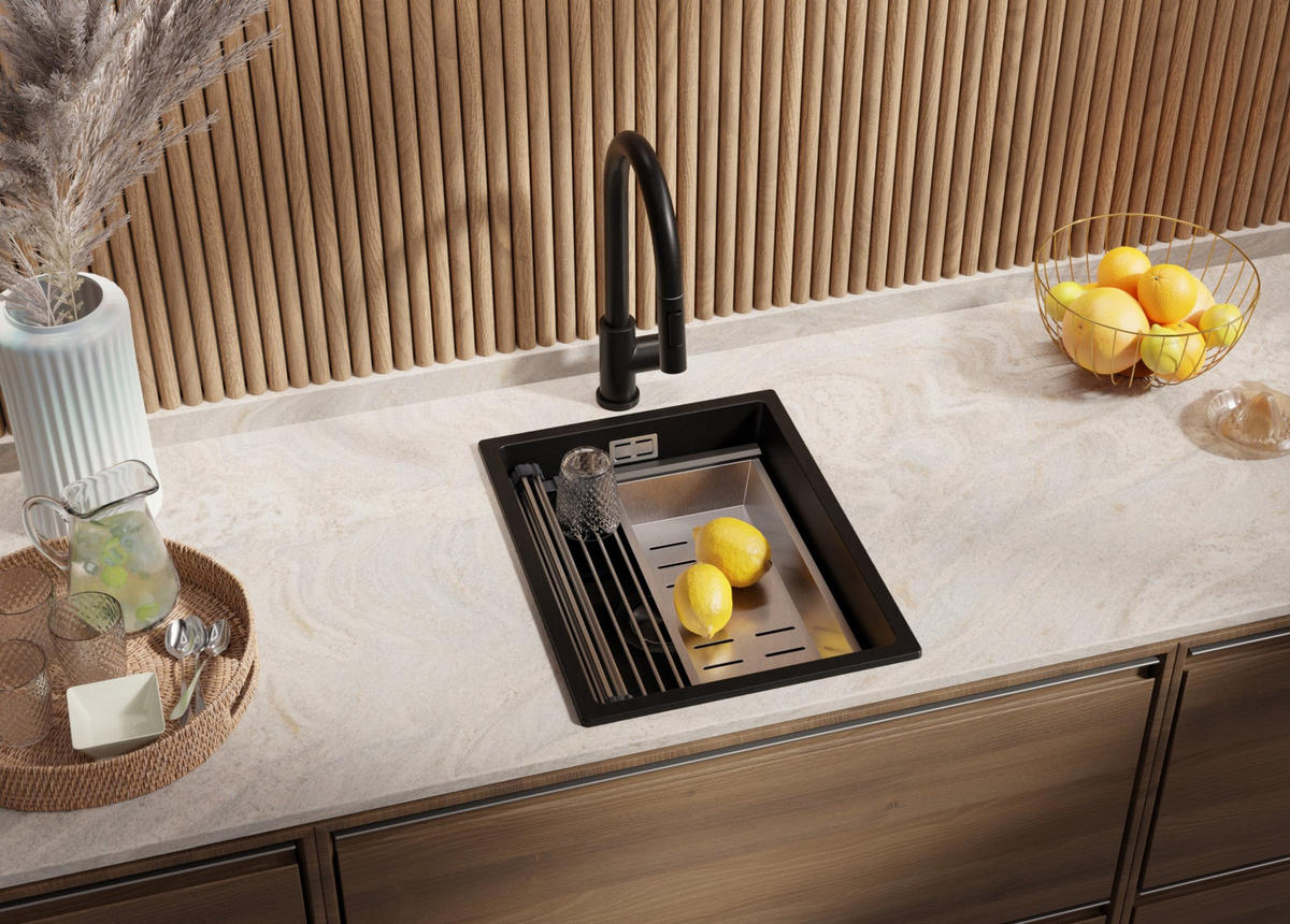 SPÜLBECKEN Praga Slim, 2-er set Schwarz 36/47 cm 1 Becken + Ablauf-Set + Aufrollbare Abtropffläche ab 40er Unterschrank - Chromfarben/Schwarz, Kunststoff (36/20/47cm) - Primagran