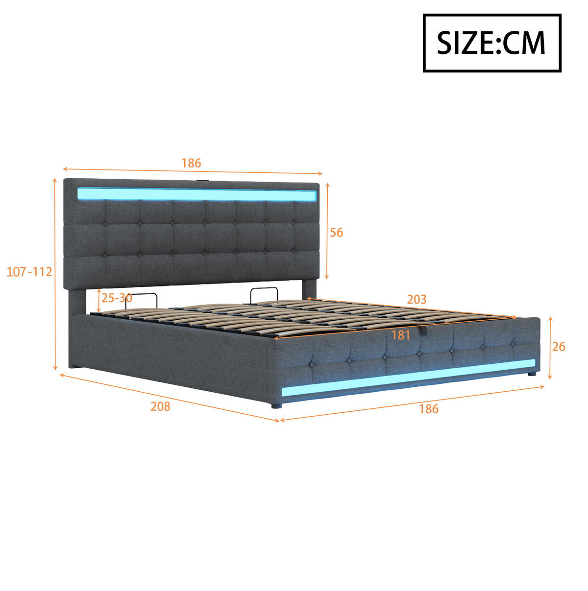POLSTERBETT 180/200 cm mit RGB-LED, USB-Anschlüssen und verstellbarem Kopfteil, Grau - Grau, Textil (180/200cm) - Redom