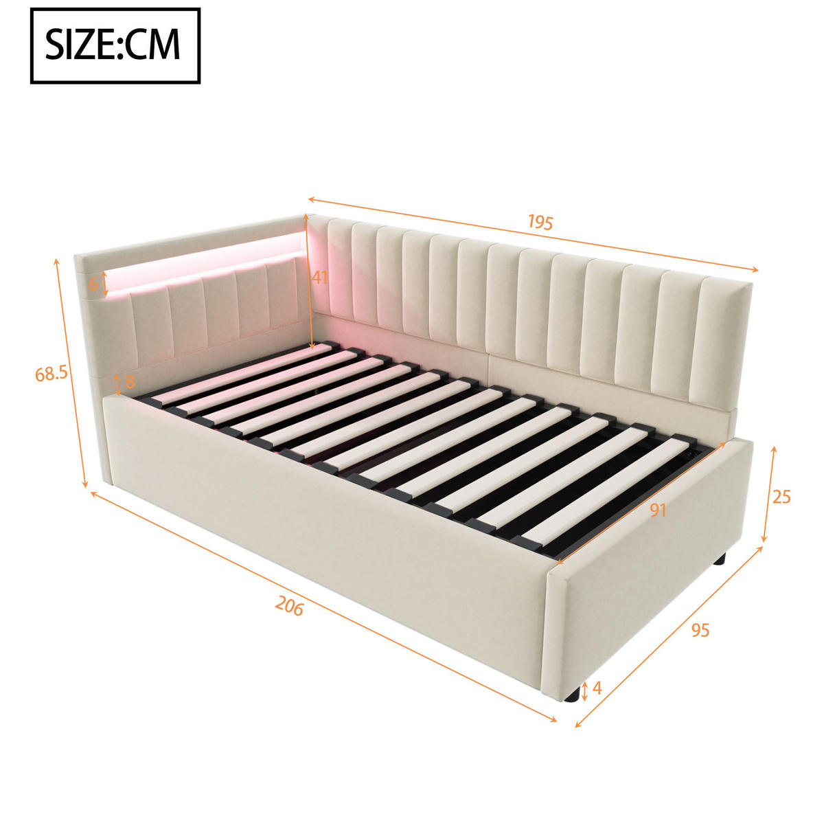 POLSTERBETT mit LED-Beleuchtung 90/200 cm mit Bettkasten in Beige - Beige, Textil (90/200cm) - BEAOK