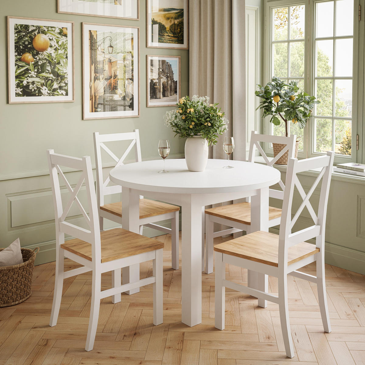 ESSZIMMERSET OLEA Tisch + 4 Stühle - Eichefarben/Weiß, Holzwerkstoff (100/77/100cm) - Lookway