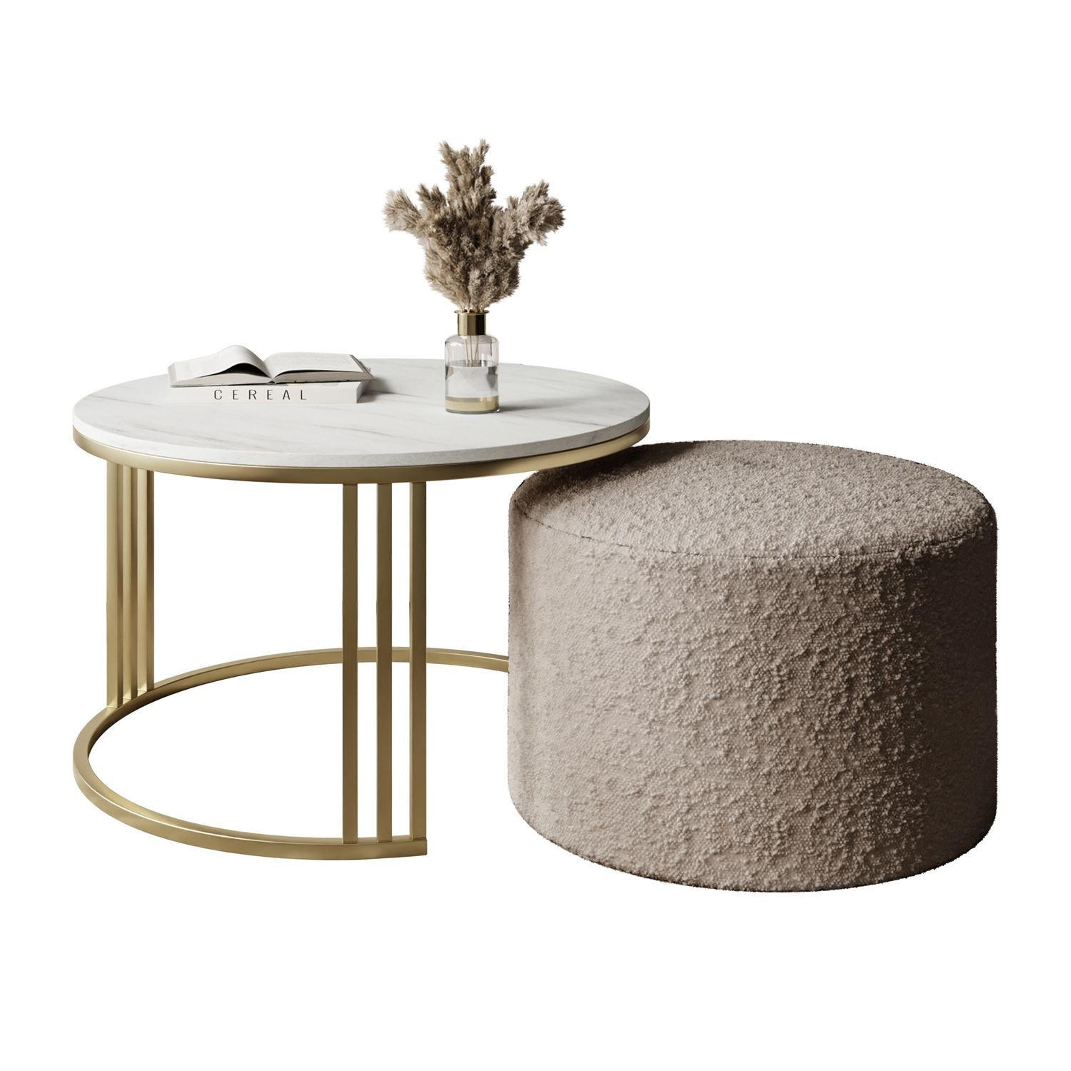 COUCHTISCH mit Hocker LORI MAT gebürstetes Gold/Marmor Levanto/Coral 50 - Weiß, Metall (70/70/49cm) - Lookway