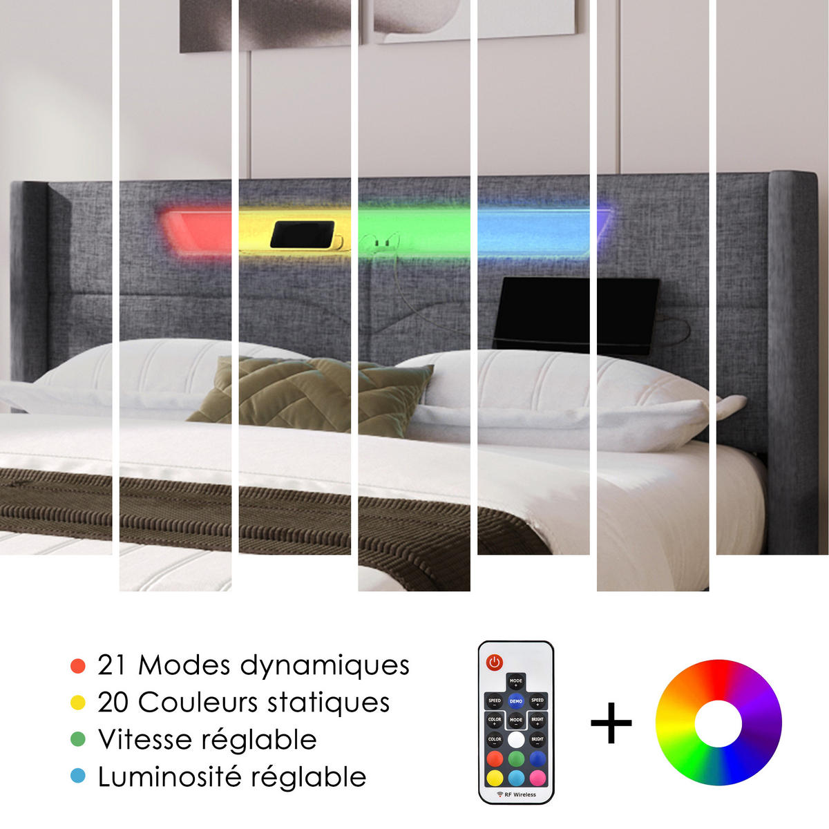 POLSTERBETT 160/200 cm Grey mit USB Typ C Ladefunktion und LED-Beleuchtung, Ohne Matratze - Grau, Textil (160/200cm) - Oxeza