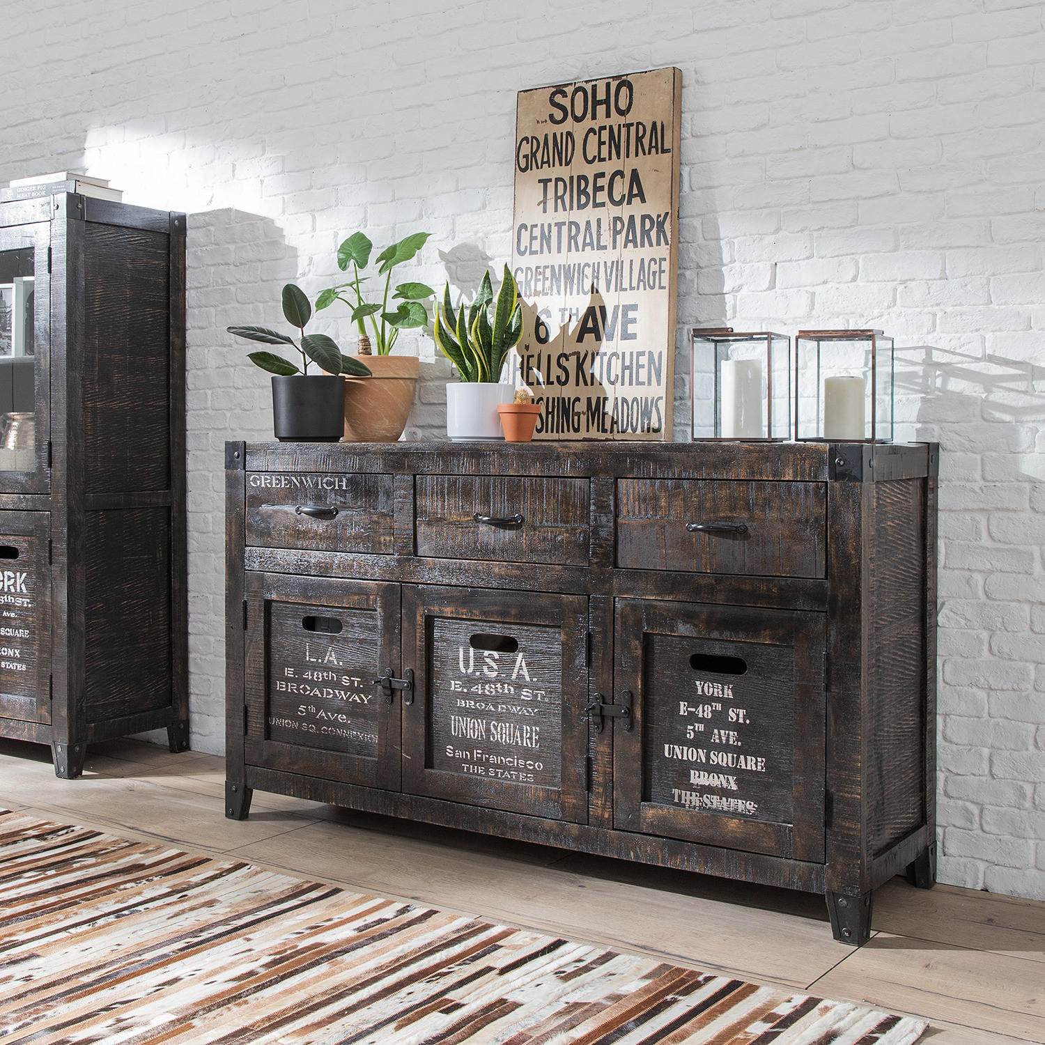 SIDEBOARD - Mango massiv - Schwarz/Naturfarben, Holz (148/85/42cm) - home24