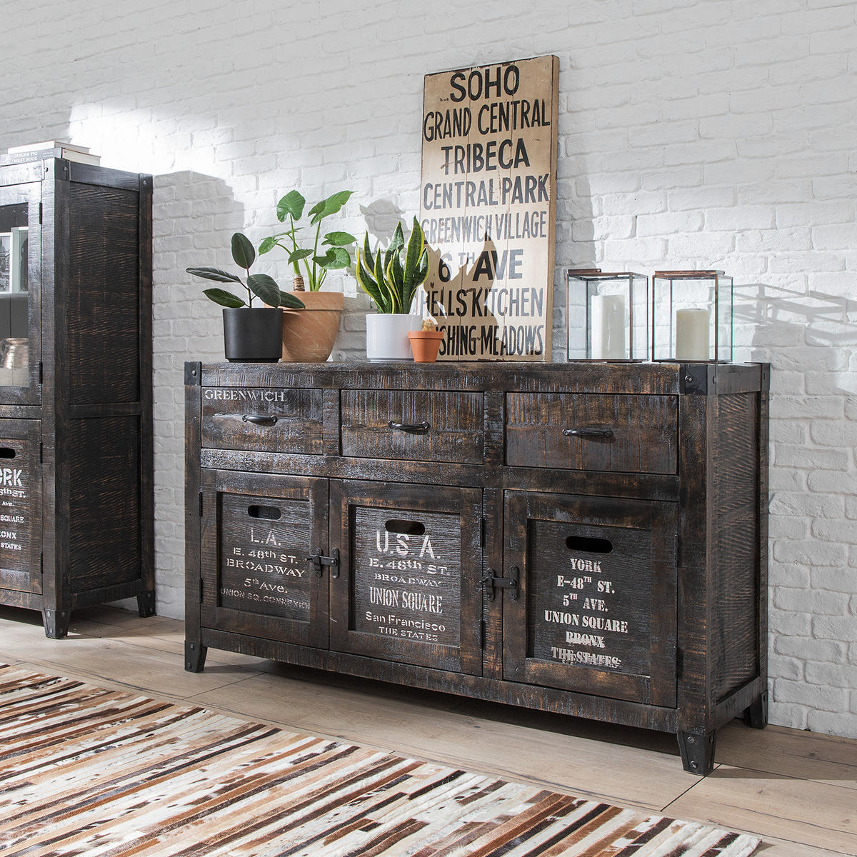 SIDEBOARD - Mango massiv - Schwarz/Naturfarben, Holz (148/85/42cm) - home24