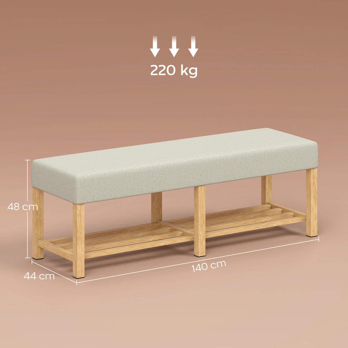 SCHUHBANK Kautschukholz Polyester Cremeweiß - Creme, Holz (44/48/140cm) - HOMCOM