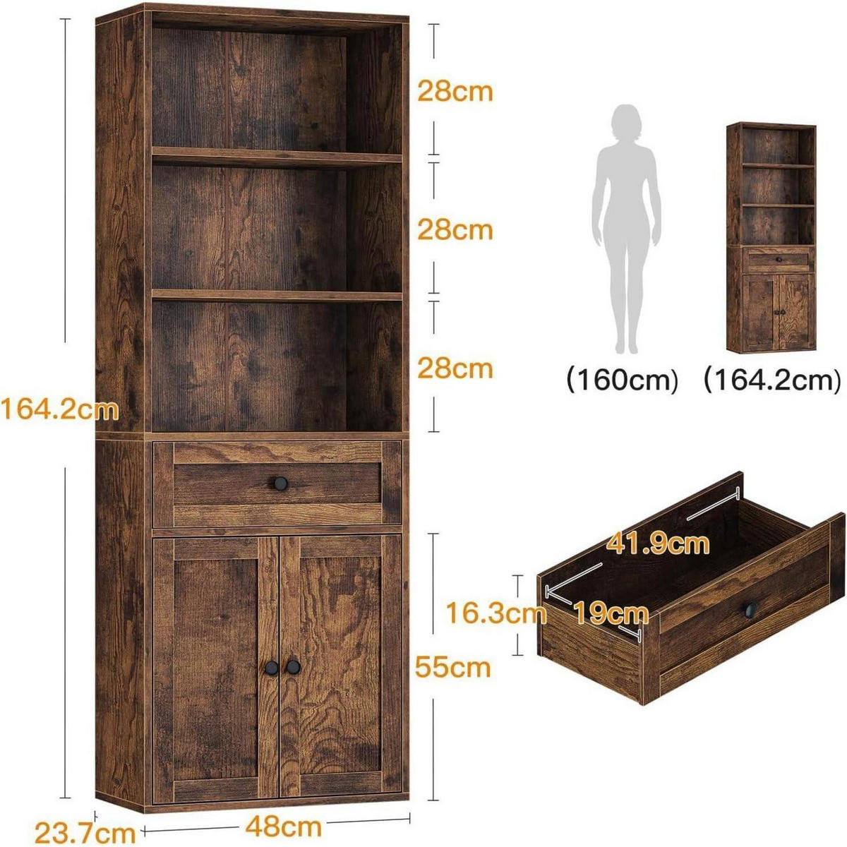BÜCHERREGAL mit Türen und Schrank Braun 164.2 x 48 x 23.7 cm - Braun, Holzwerkstoff (48/164.2/24cm)