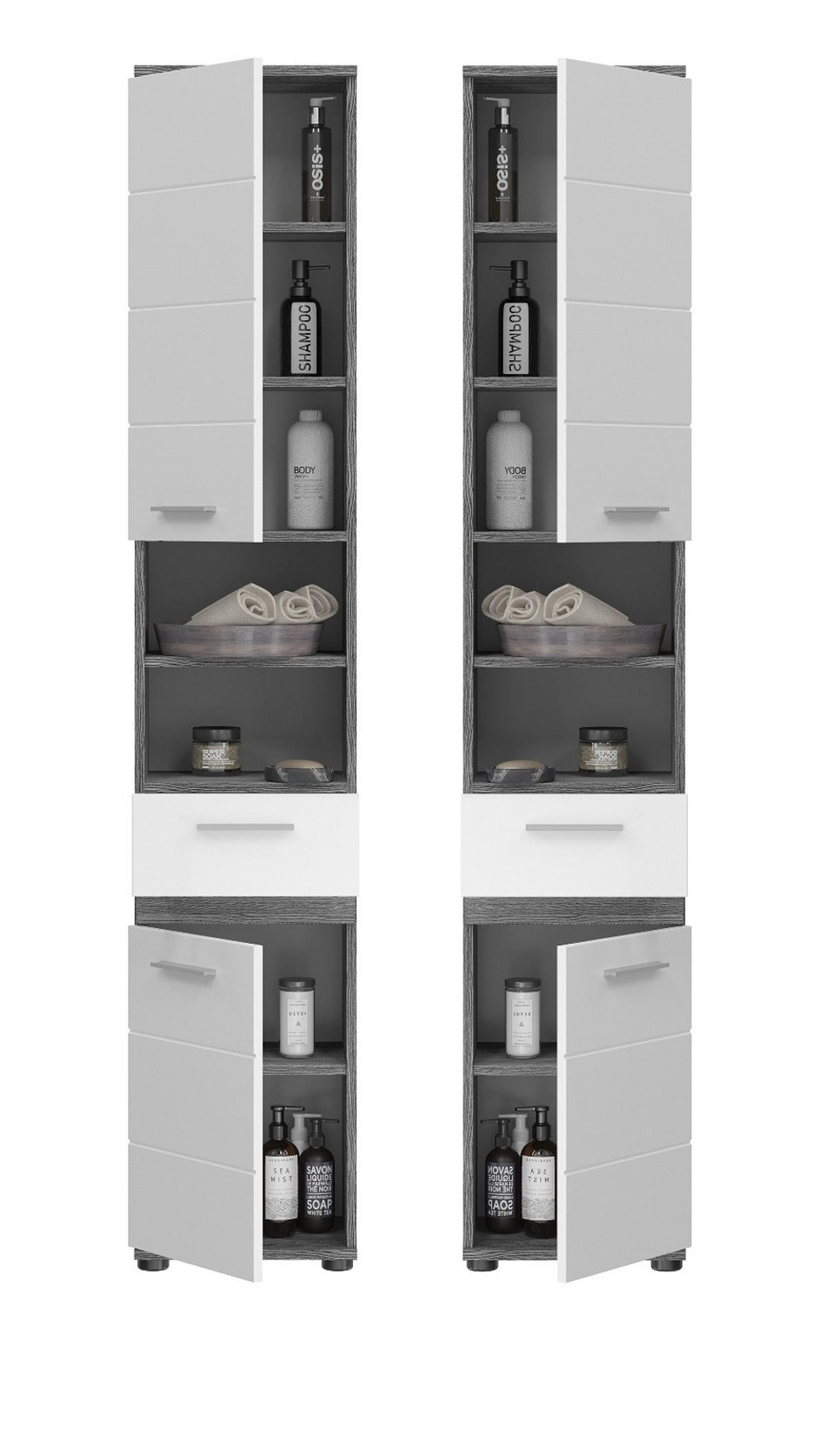 HOCHSCHRANK weiß Hochglanz, grau 35 cm, Badschrank mit 6 Fächern - Weiß Hochglanz/Silberfarben, Holzwerkstoff/Kunststoff (35/191/31cm) - Inn.Furn