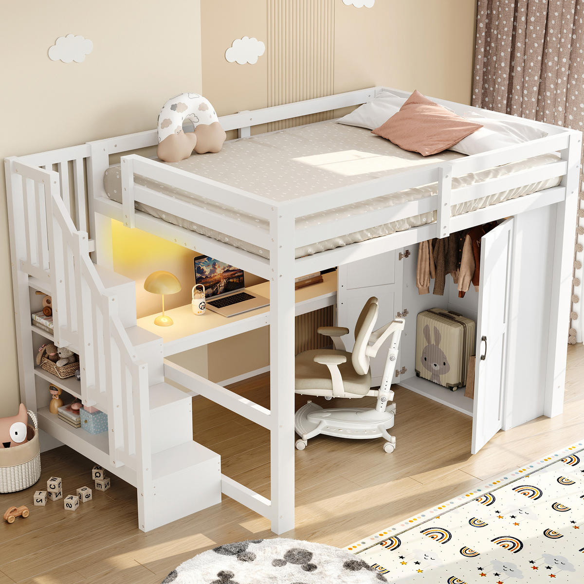 HOCHBETT 140/200 cm Weiß mit Schreibtisch, Kleiderschrank und LED - Weiß, Holz (140/200cm) - MIVRAY