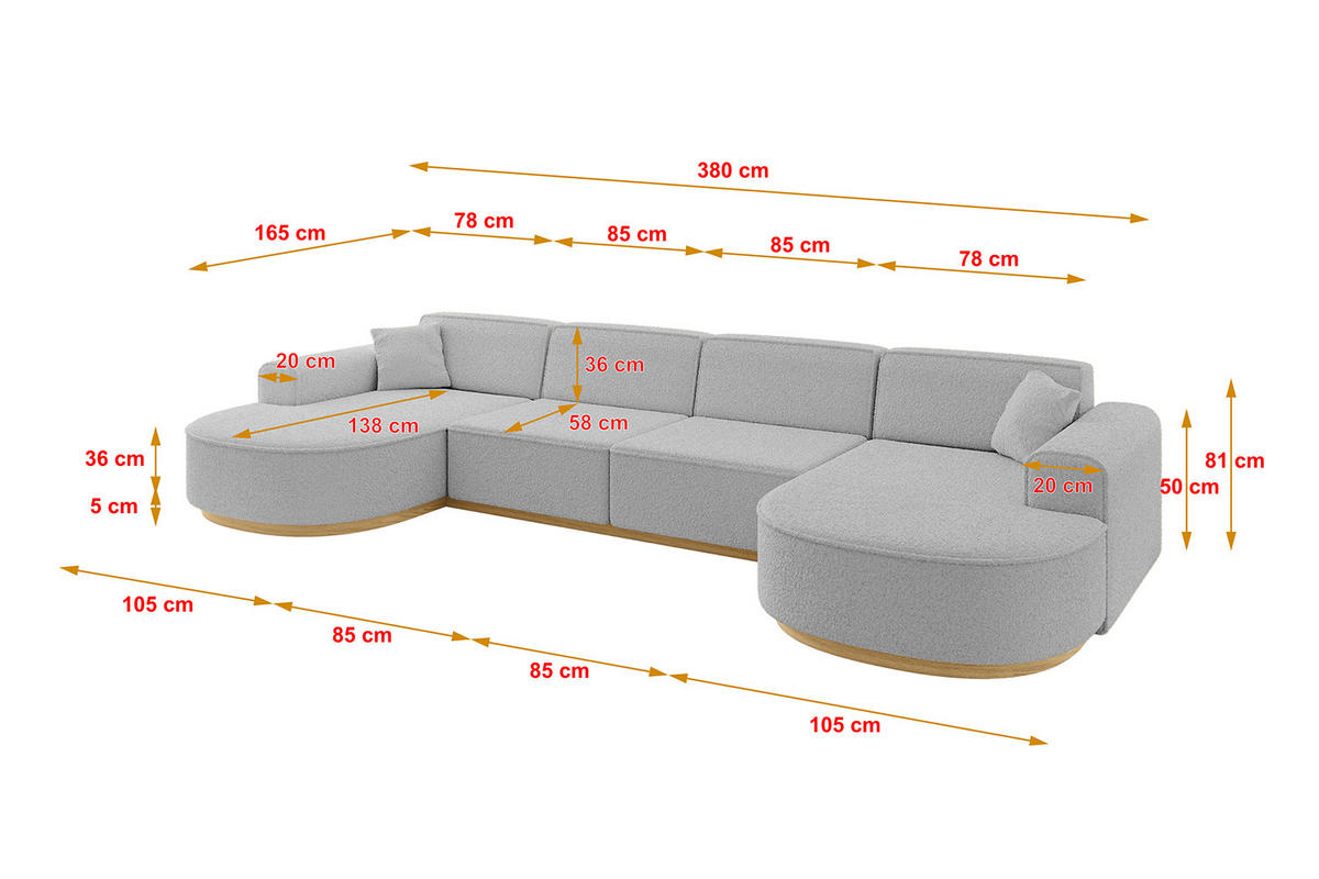 WOHNLANDSCHAFT MARI-U2-v2 - 388x171x83 cm Hellgrau Bouclé - Hellgrau, Holzwerkstoff/Textil (388/83/171cm) - ALTDECOR
