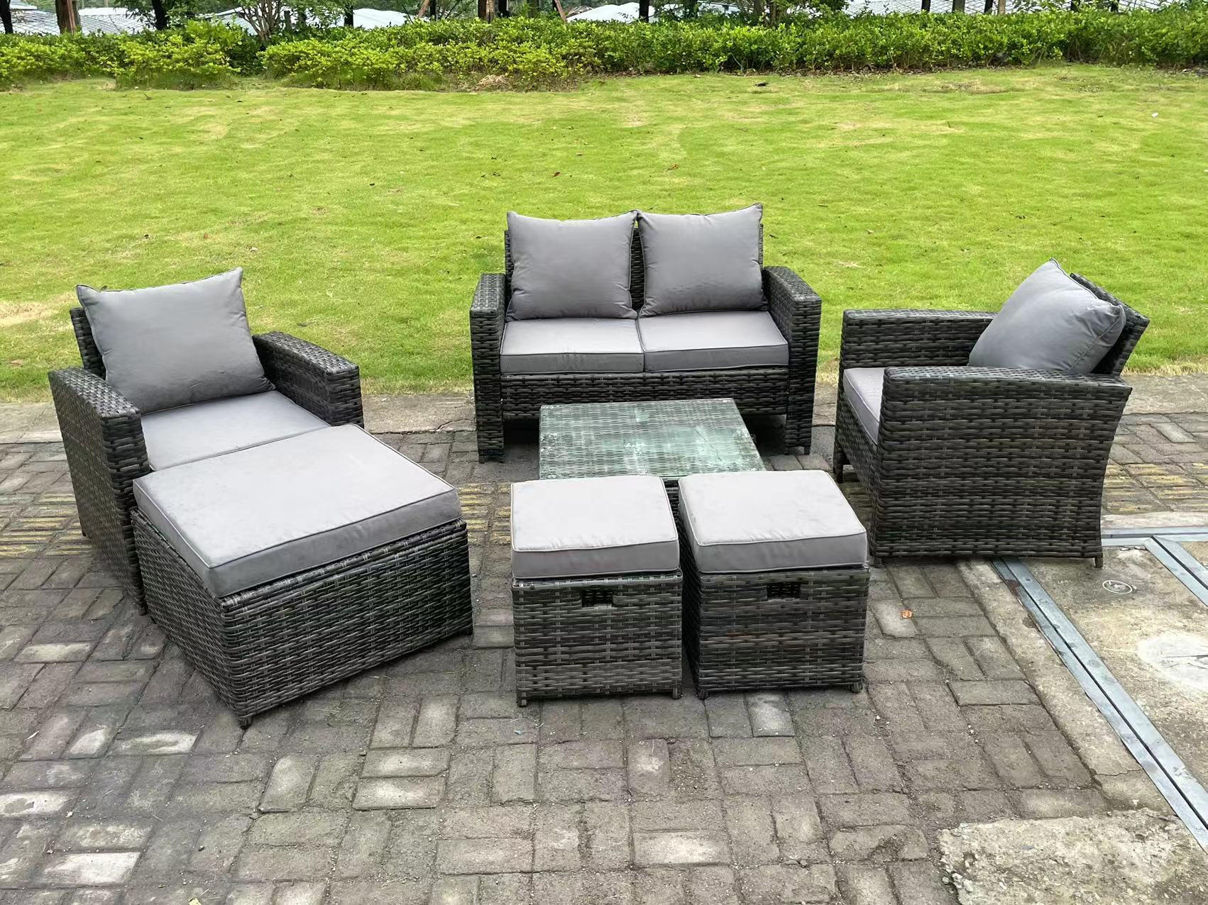GARTENMÖBELSET mit 3 Hockern Polyrattan Dunkelgrau 7-Sitzer - Dunkelgrau, Metall - Fimous