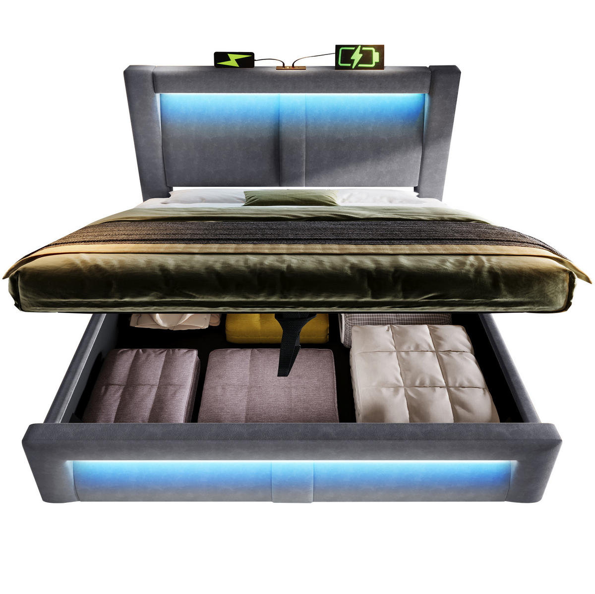 POLSTERBETT 160/200 cm Grau aus Samt mit Stauraum LED und USB/Typ-C mit Matratze - Grau, Textil (160/200cm) - OKWISH