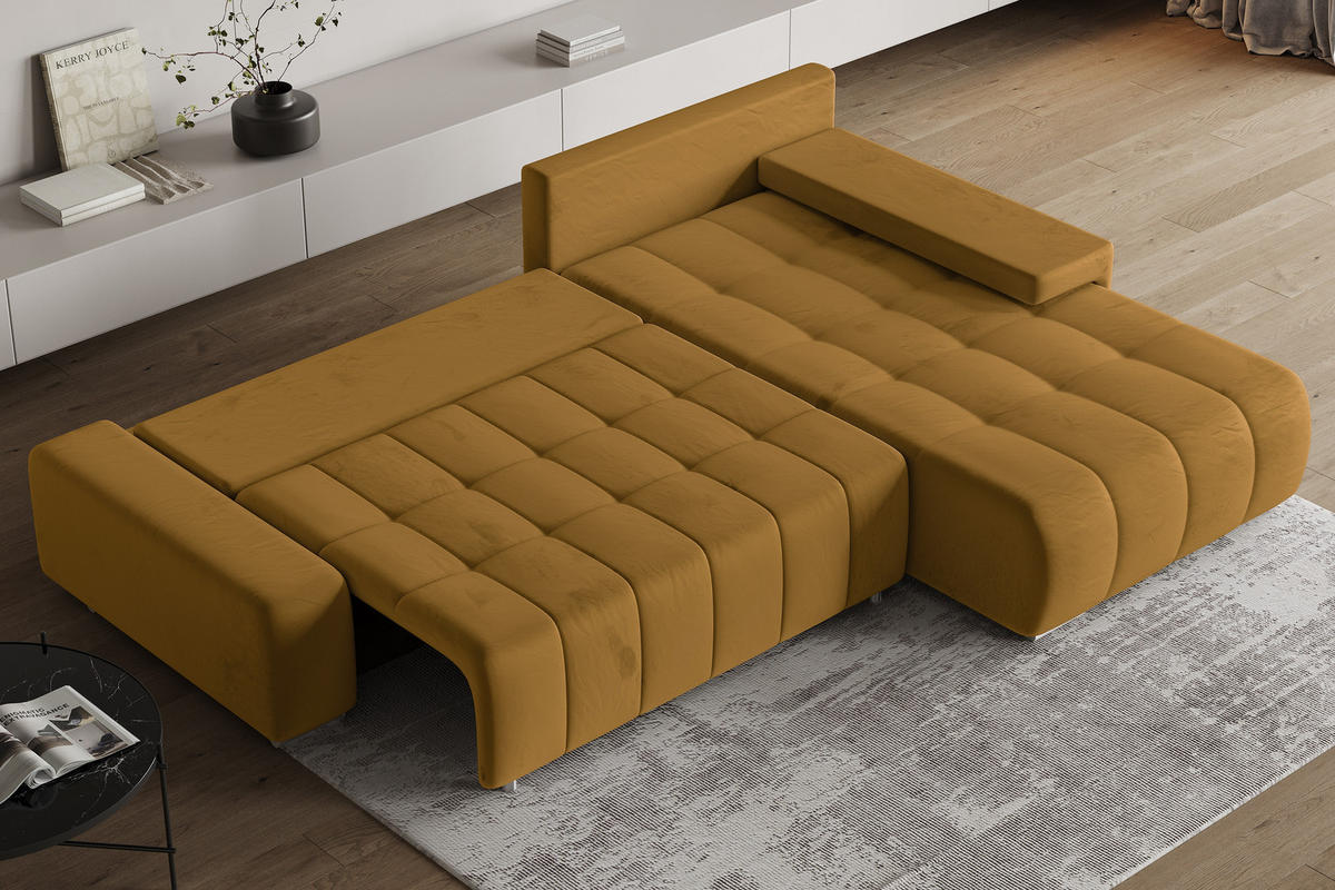 ECKSOFA ALESE R-S Gelb Velours-Stoff mit Schlaffunktion - Gelb, Holz (265/185cm) - MASSENO