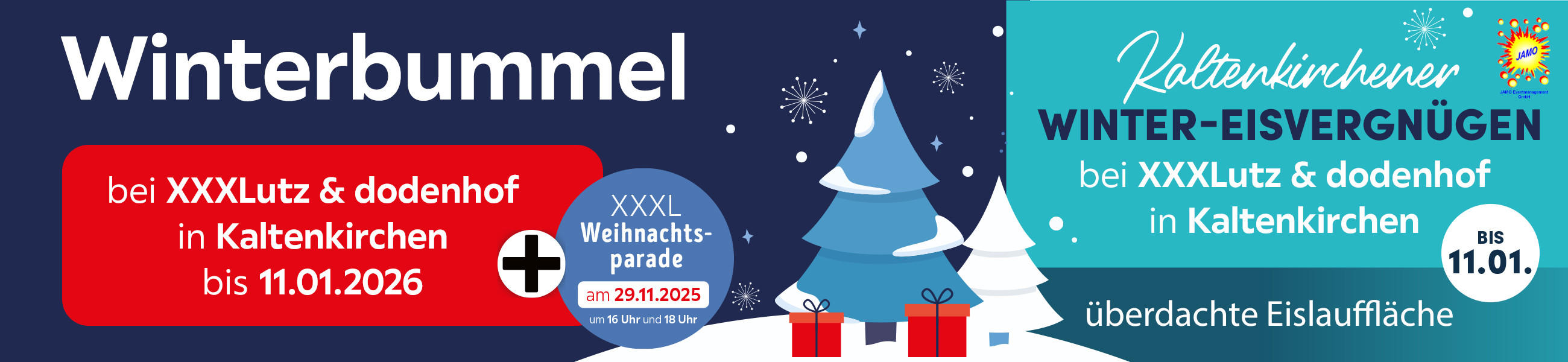 Winterbummel + XXXL Weihnachts- parade am 29.11.2025 um 16 Uhr und 18 Uhr - bei XXXLutz & dodenhof in Kaltenkirchen bis 11.01.2026 - WINTER-EISVERGNÜGEN bei XXXLutz & dodenhof in Kaltenkirchen bis 11.01. - überdachte Eislauffläche