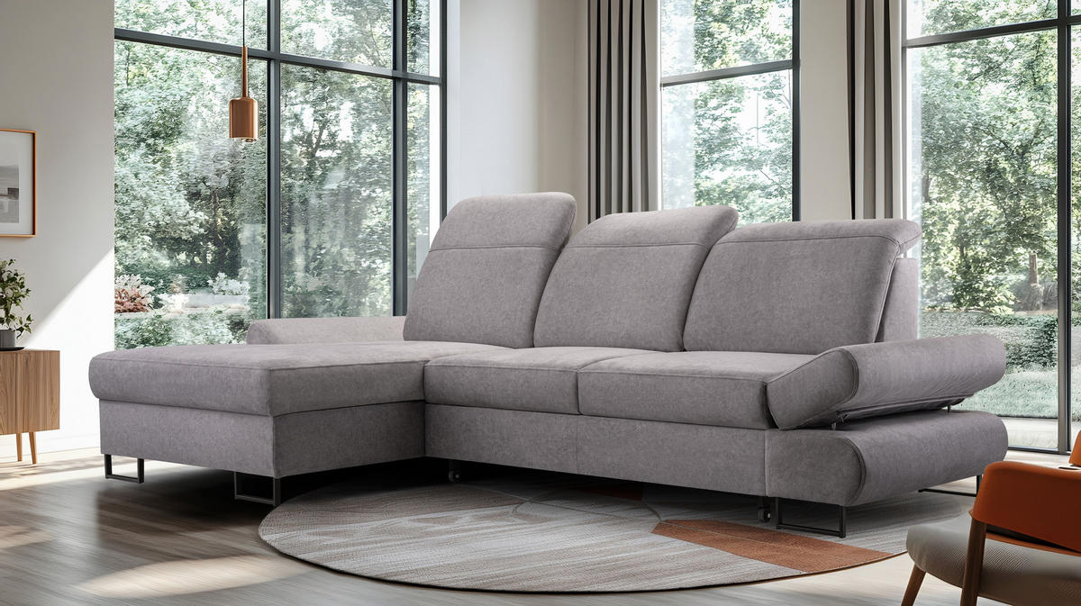 ECKSOFA NANO Grau Velours-Stoff mit Schlaffunktion - Grau, Holz (265/156cm) - MASSENO