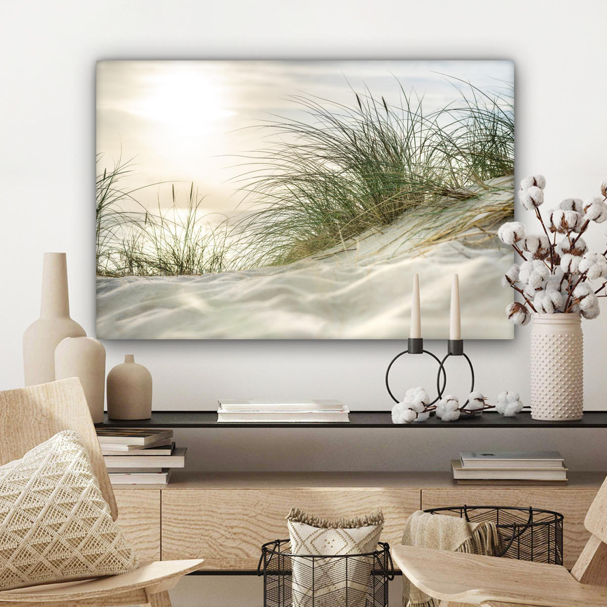 LEINWANDBILD Dünen mit Strandhafer in der Sonne des Nationalparks Schleswig-Holsteinisches Wattenmeer Gemälde 60x40 cm - Creme, Textil (60/40cm) - MuchoWow