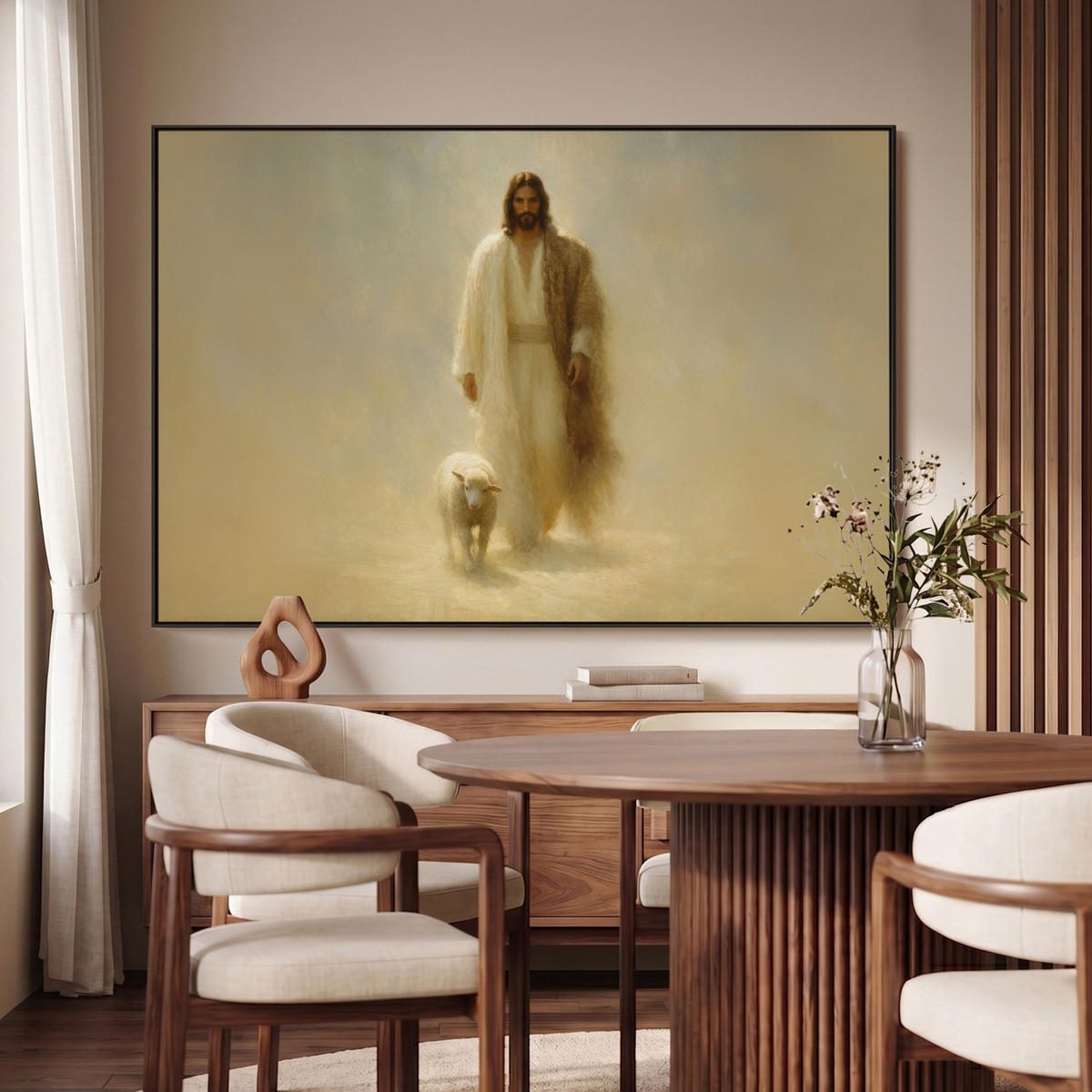 LEINWAND Bilder mit Rahmen - Schaf - Jesus - Pinselstriche - Abstrakt - 150x100 - Beige, Textil (150/100cm) - MuchoWow