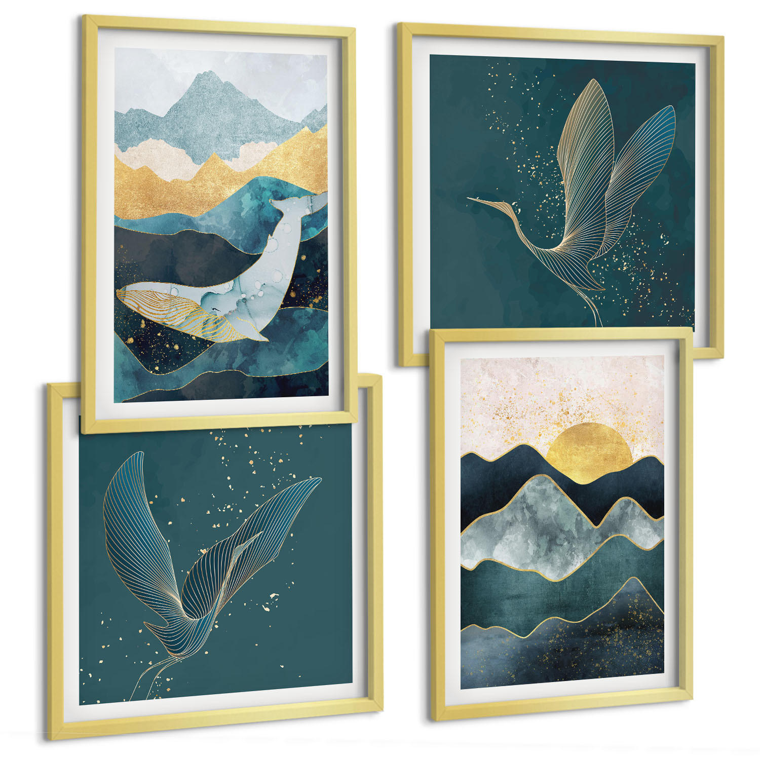 BILDER SET 4er Set - 50x50 cm & 40x60 cm Goldrahmen - Abstrakte Kranichberge - Goldfarben, Kunststoff (50/50cm) - TULUP