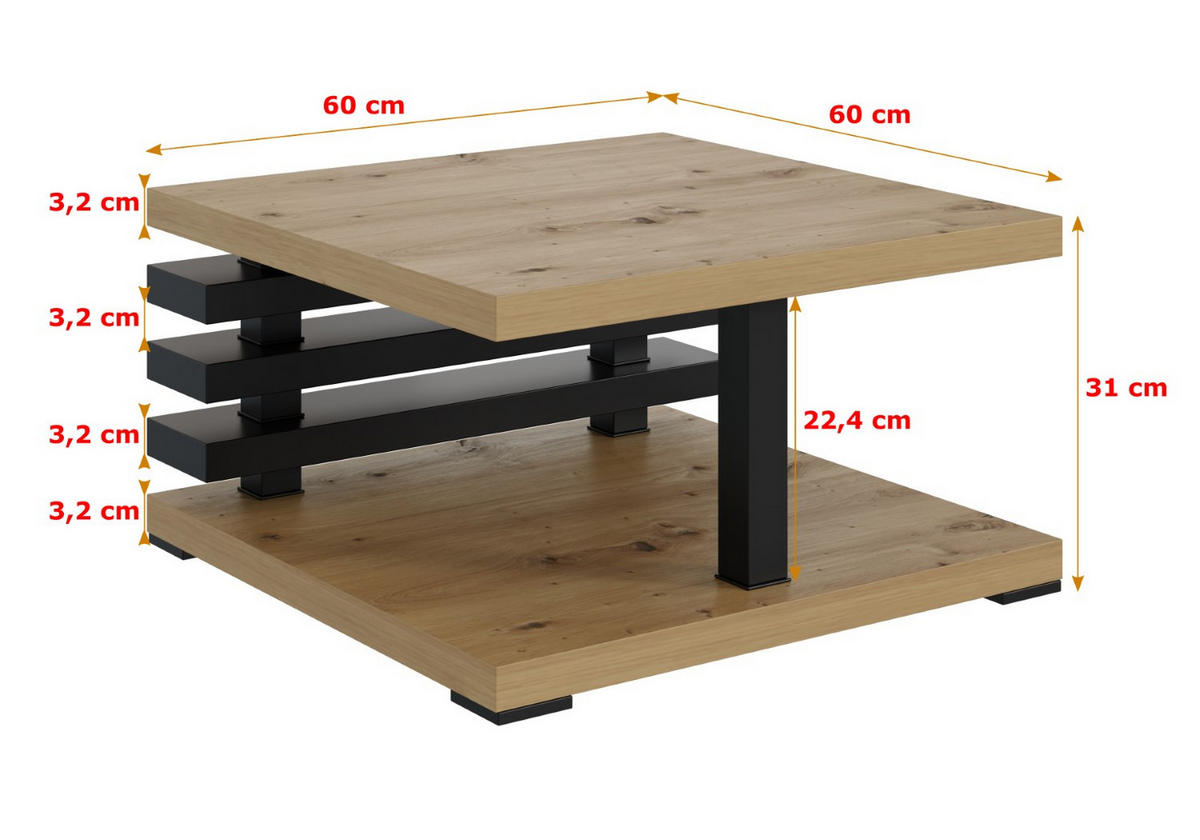 KAFFEETISCH 60x60x32 cm - Artisan Eiche Optik / Schwarz - YOTO - Buchefarben, Holzwerkstoff (60/60/32cm) - ALTDECOR