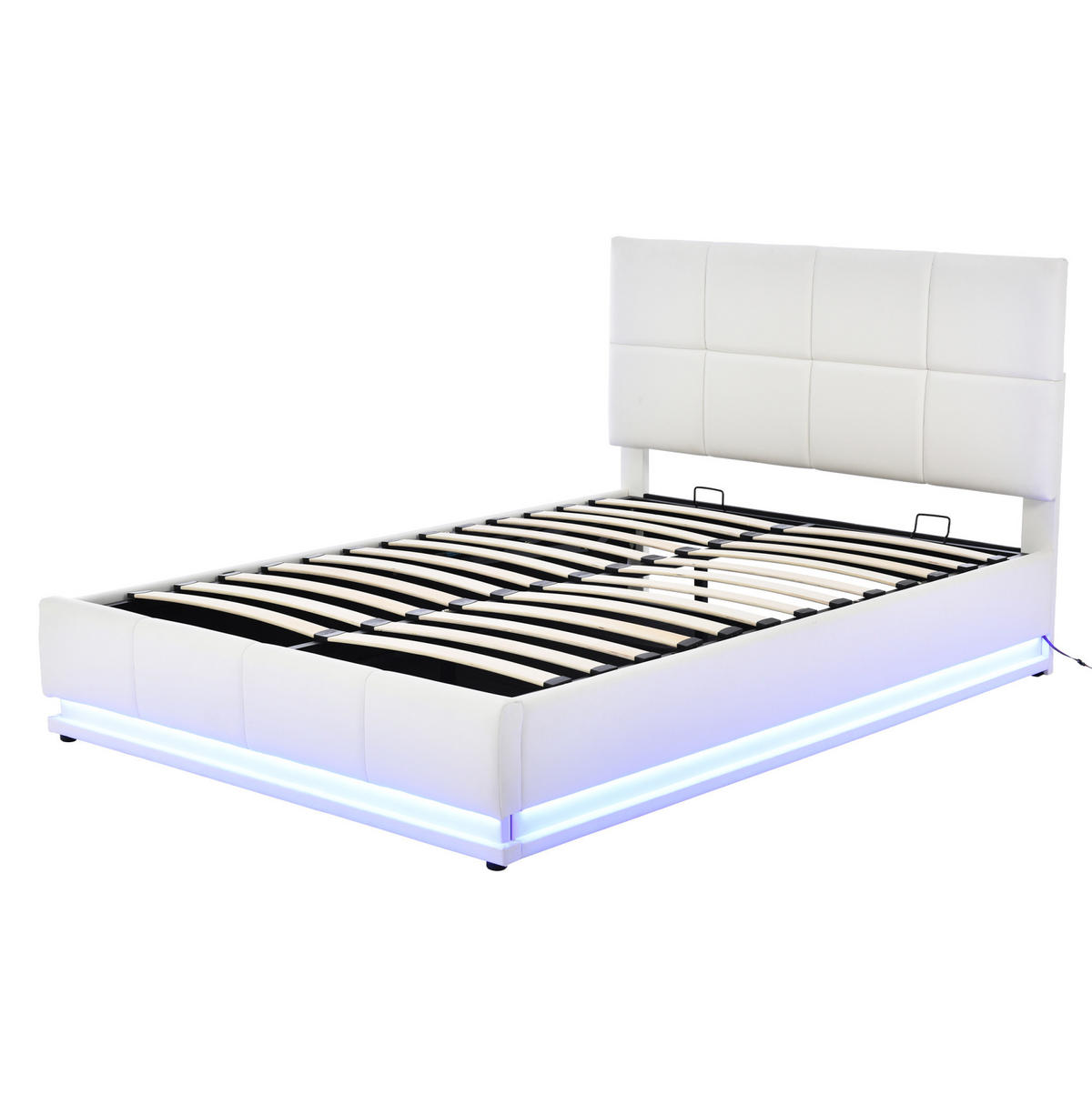 POLSTERBETT 140/200 cm mit LED-Beleuchtung, hydraulischem Bettkasten und Lattenrost, Kunstleder, Weiß - Weiß, Textil (140/200cm) - Redom