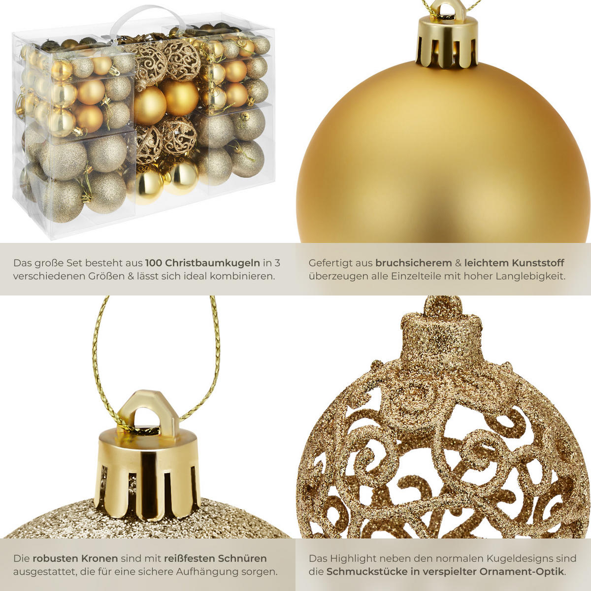 WEIHNACHTSKUGELN ,Durchmesser 3, 4 und 6 cm,gold - Goldfarben, Textil (6/6/6cm) - tectake