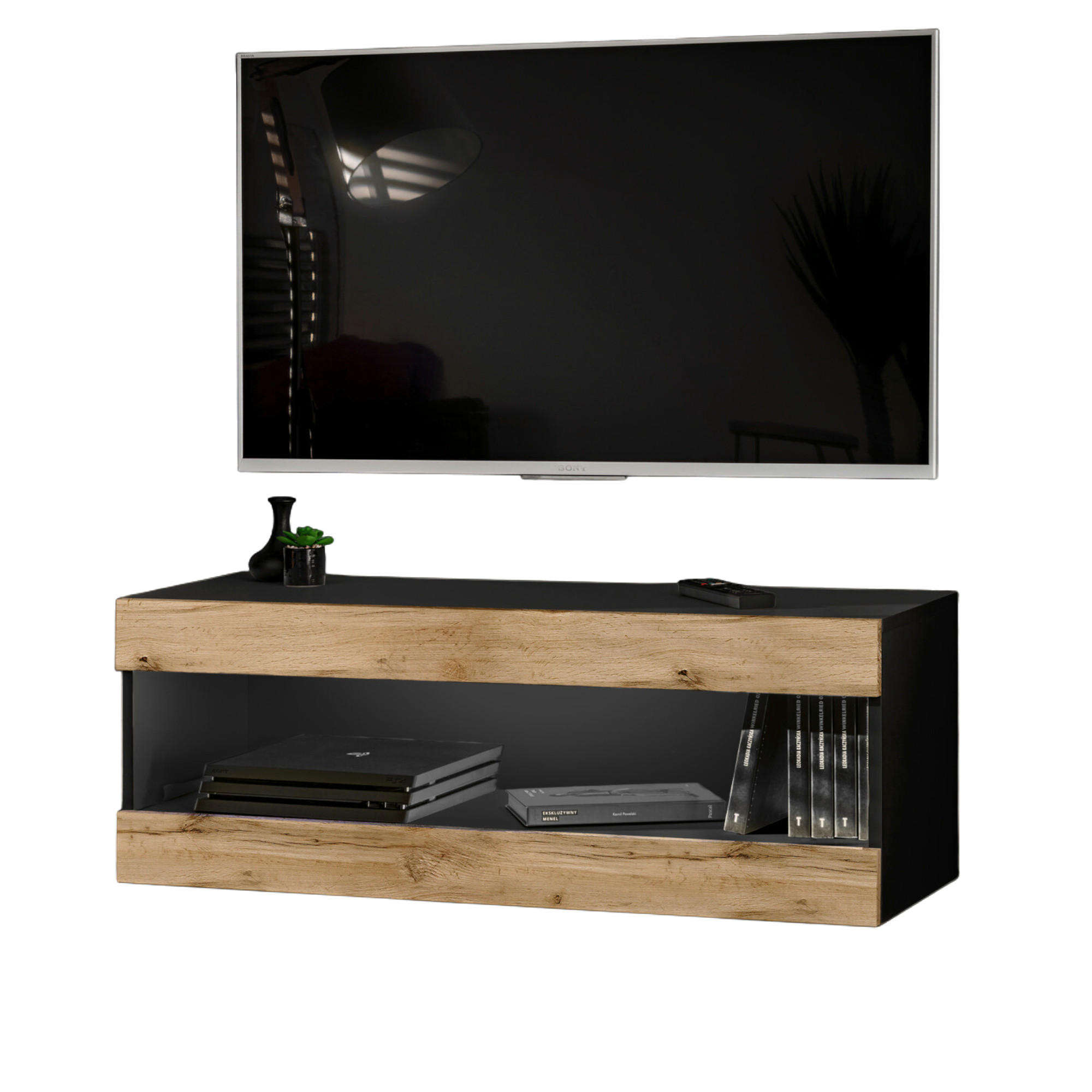 HÄNGEBOARD TV TIVOLI RTV2 Offener Raum Schwarz + Wotan - Eiche Wotan/Schwarz, Glas/Holzwerkstoff (100/36/35cm) - Komodee