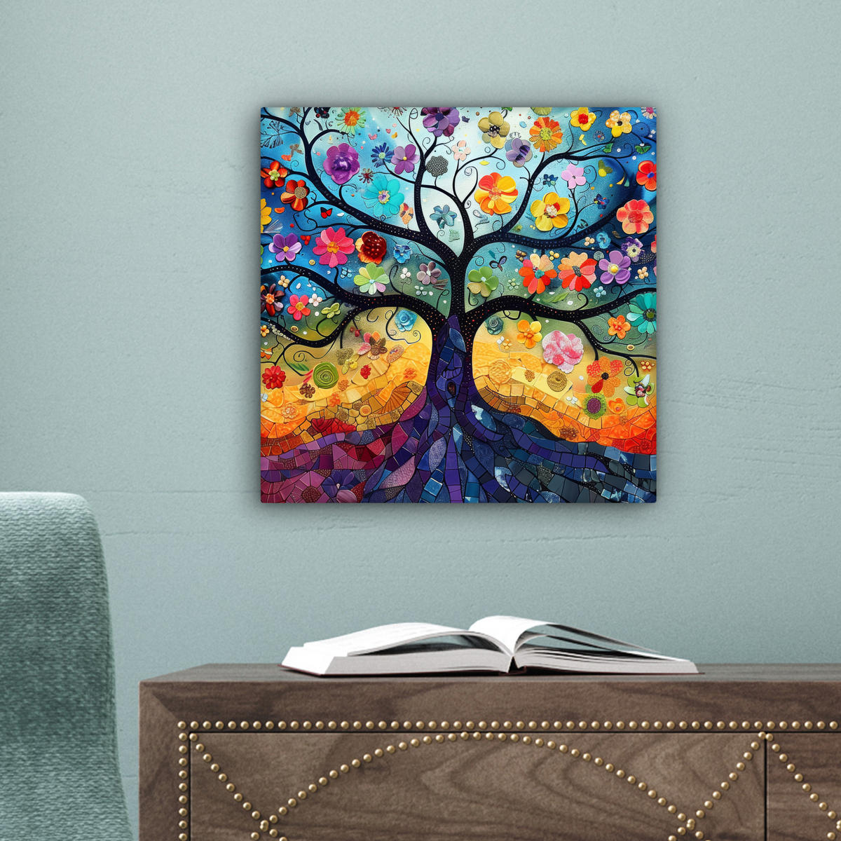 LEINWANDBILD Kunst - Baum des Lebens - Blumen - Hippie Deko Wohnzimmer 20x20 cm - Dunkelblau, Textil (20/20cm) - MuchoWow