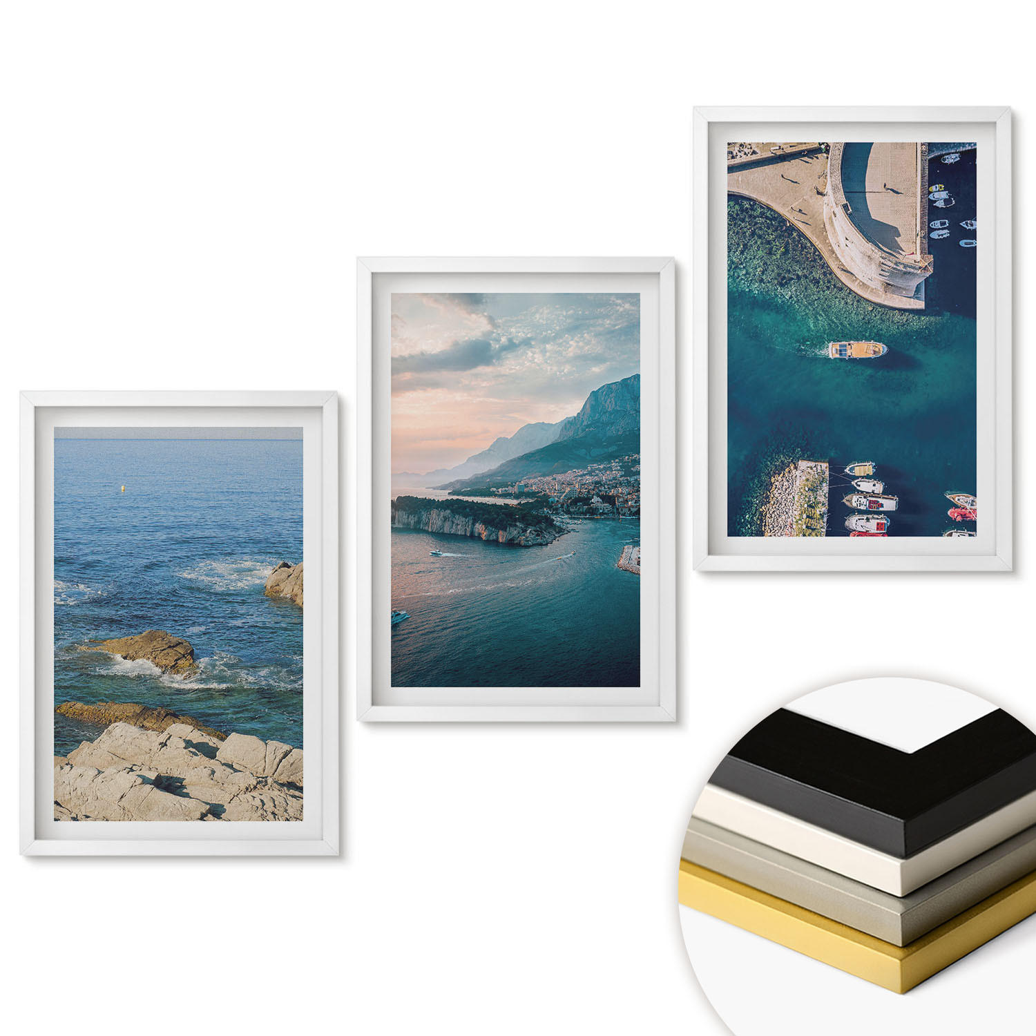 WANDBILDER 3er-Set - 40x60 cm Weißer Rahmen - Meerblick, Klippen, Häfen - Weiß, Kunststoff (40/60cm) - ArtPrintCave