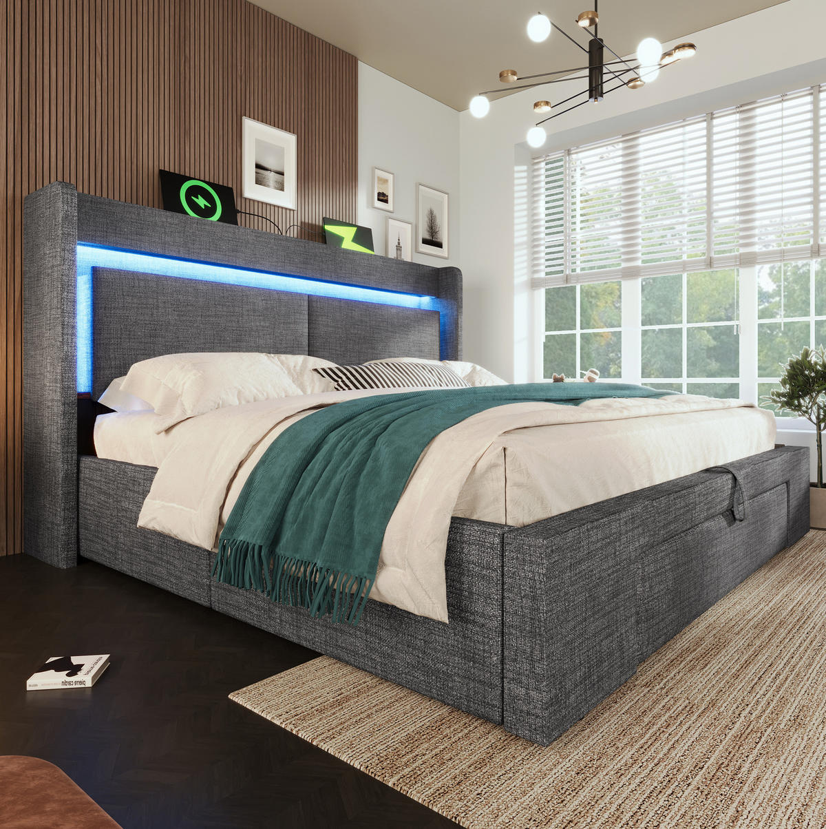 POLSTERBETT mit Stauraum, LED und USB 140x200 cm Leinen Grau - Grau, Metall (140/200cm) - Meubliv