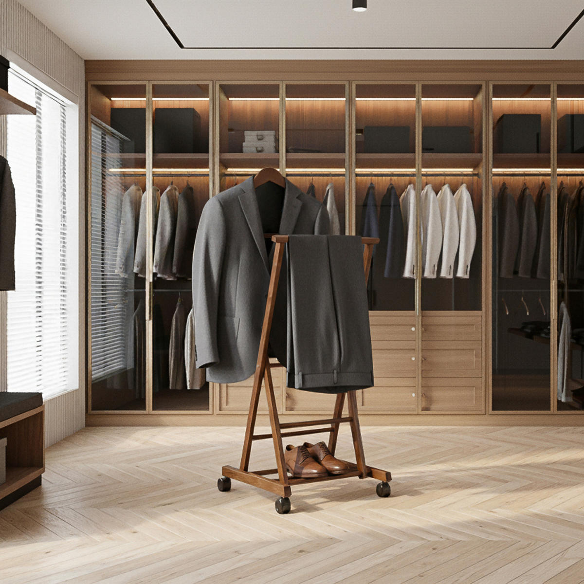 KLEIDERBUTLER AGLAS Herrendiener, auf Drehrollen, braunes Buchenholz - Braun, Holz (43/105/32cm) - KONSIMO®
