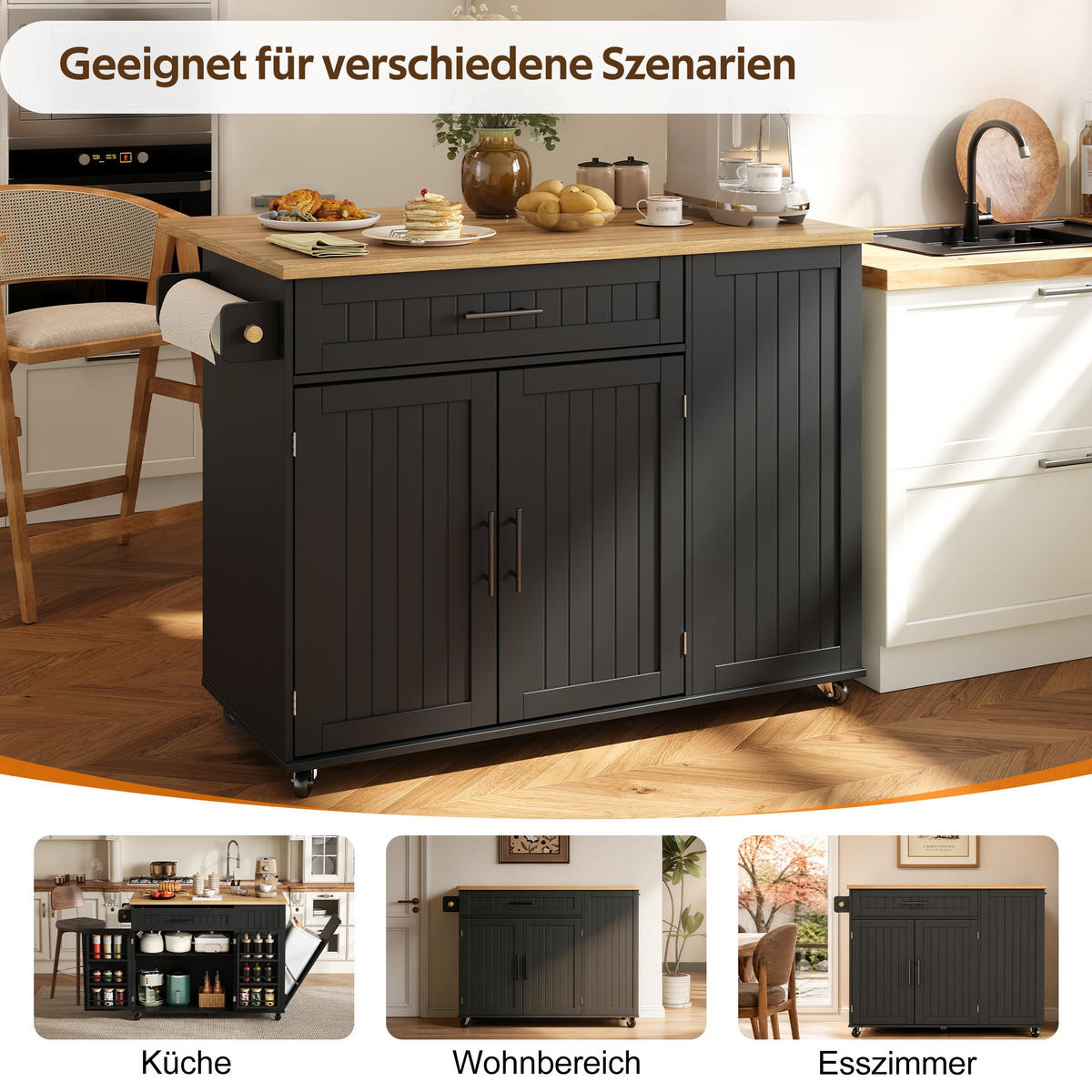 KÜCHENINSEL auf Rollen 130/45/93.3 cm Black mit klappbarer Arbeitsplatte, 1 Schublade und Mülleimerschrank - Schwarz, Holz/Holzwerkstoff (70/93/130cm) - Oxeza