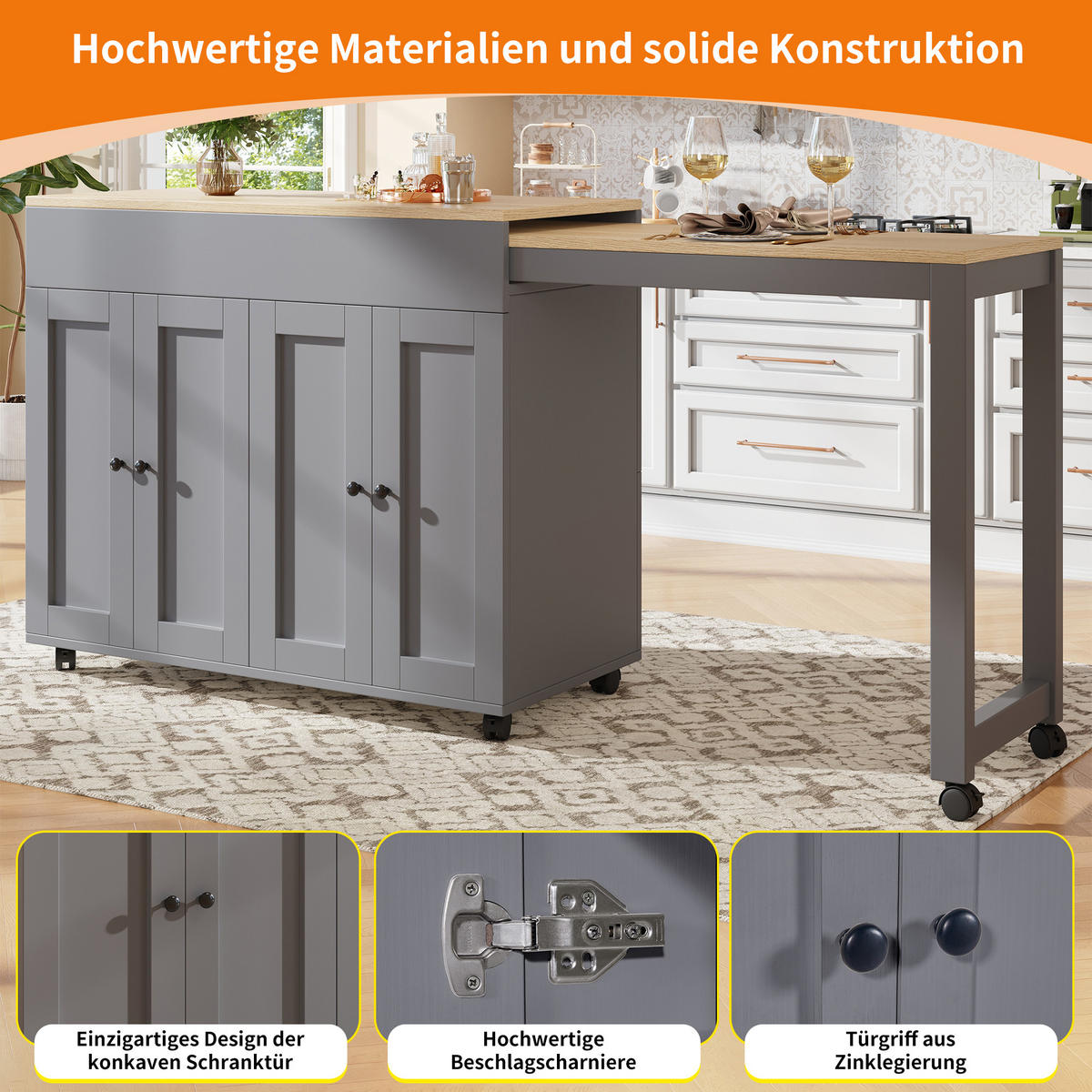 KÜCHENINSEL ausziehbar 117-180/50/94,6 cm Grau mit Stauraum, 6 Ablagefächern und Rollen - Grau, Holz/Holzwerkstoff (180/94.6/50cm) - Oxeza