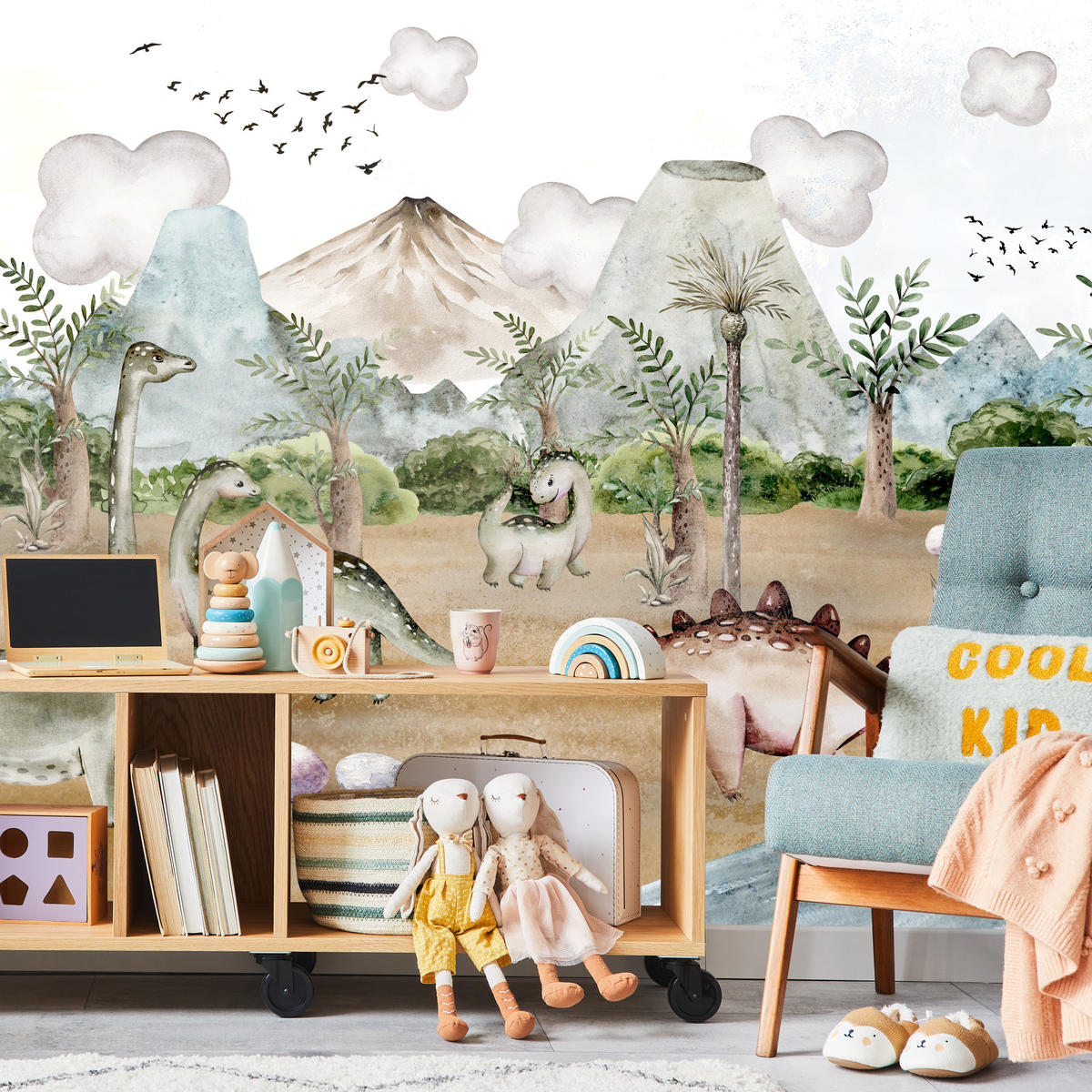 FOTOTAPETE für Kinderzimmer Dinosaurier Welt Vulkane Aquarell Tropische Bäume 350x256 - Blau/Beige, Papier (350/256cm) - Muralo