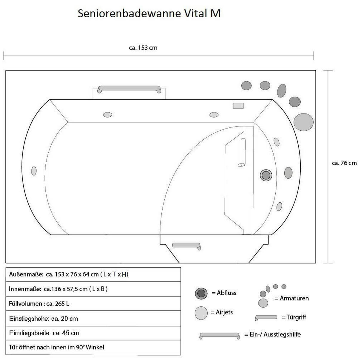 SENIORENBADEWANNE VITAL M - Rechts, M - Weiß, Kunststoff (153/64/76cm) - Home Deluxe