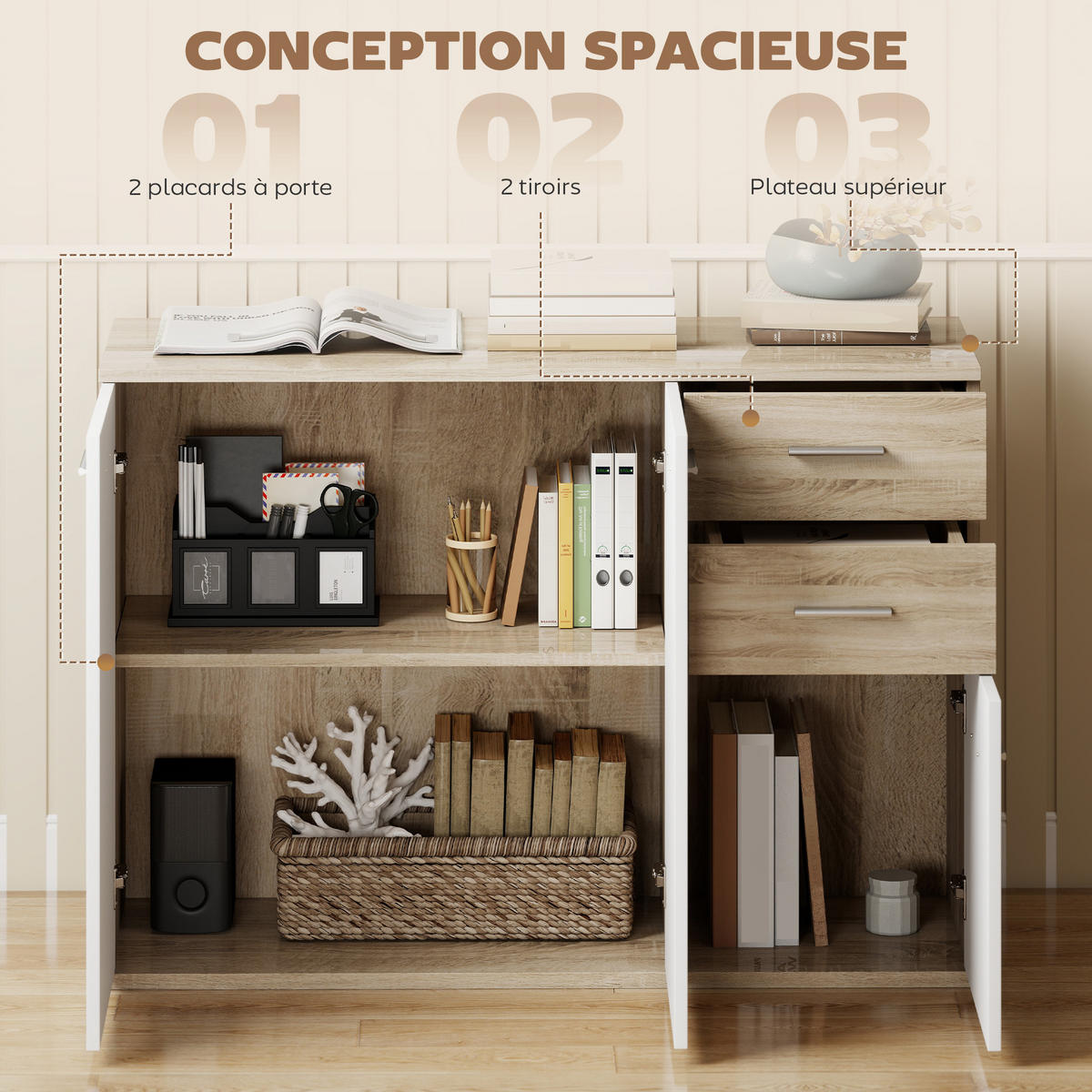 SIDEBOARD DE-11278 2 Schubladen, 3 Türen Weiß/Naturholz - Naturfarben, Holzwerkstoff (106/76/35cm) - ComfortXL