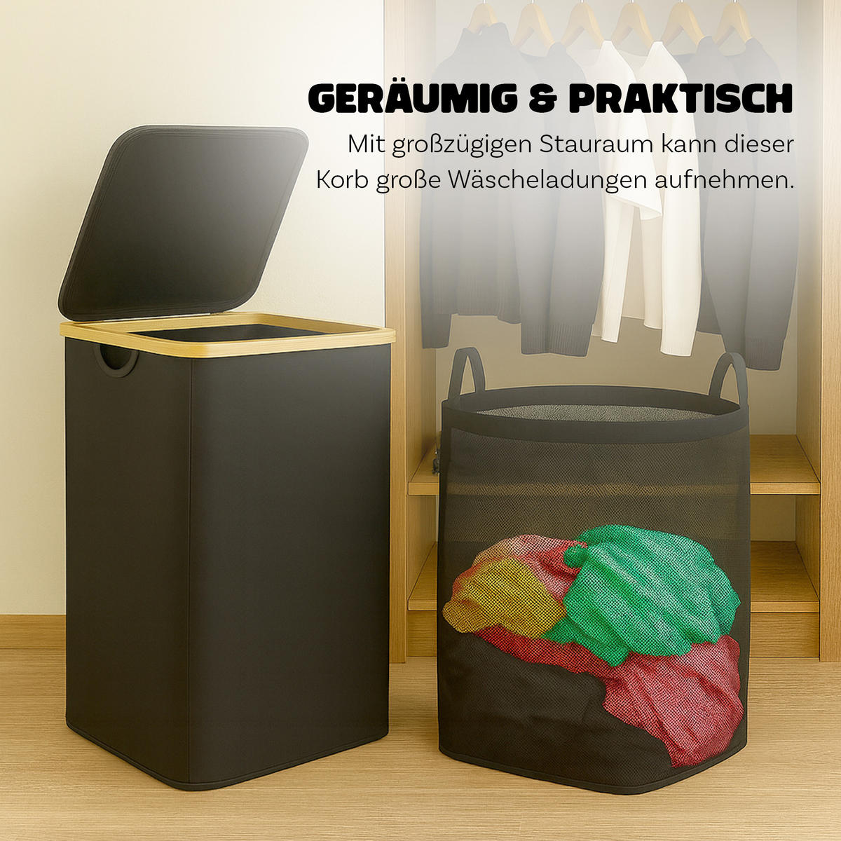 WÄSCHEKORB mit herausnehmbarer Tasche 41x37x71cm - Schwarz - Schwarz, Textil (41/71/34cm) - Bestlivings