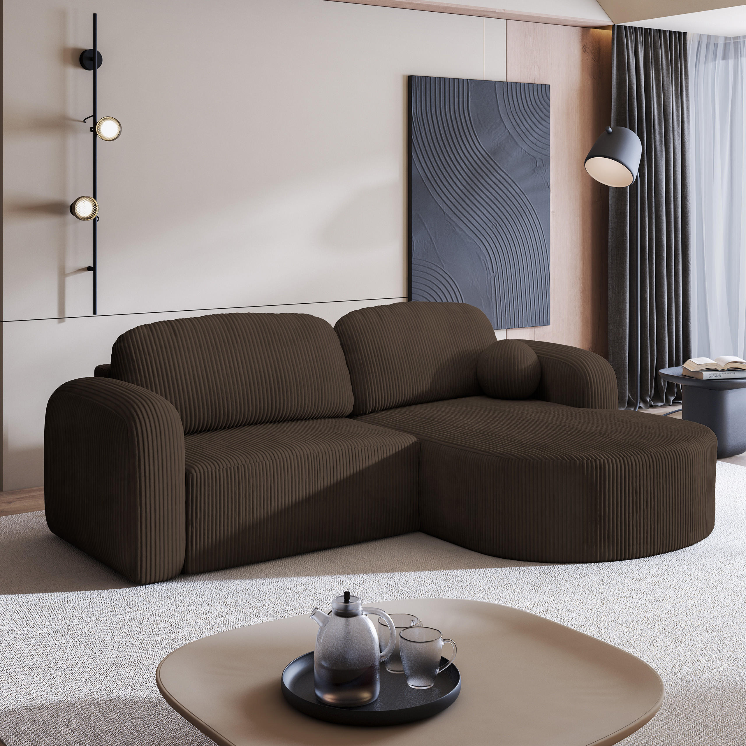 ECKSOFA AMILIA P R-S Braun Kordstoff mit Schlaffunktion - Braun, Holz (263/174cm) - MASSENO