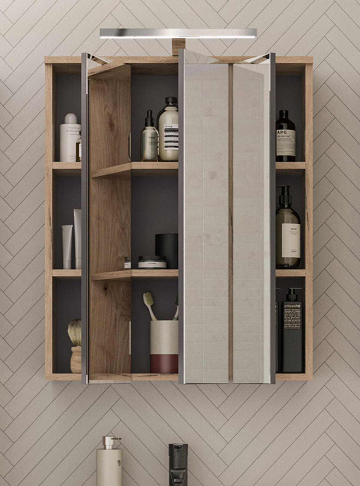 SPIEGELSCHRANK Eiche 60 cm Badschrank 3-türig, Badezimmermöbel - Eichefarben, Glas/Holzwerkstoff (60/77/18cm) - Inn.Furn