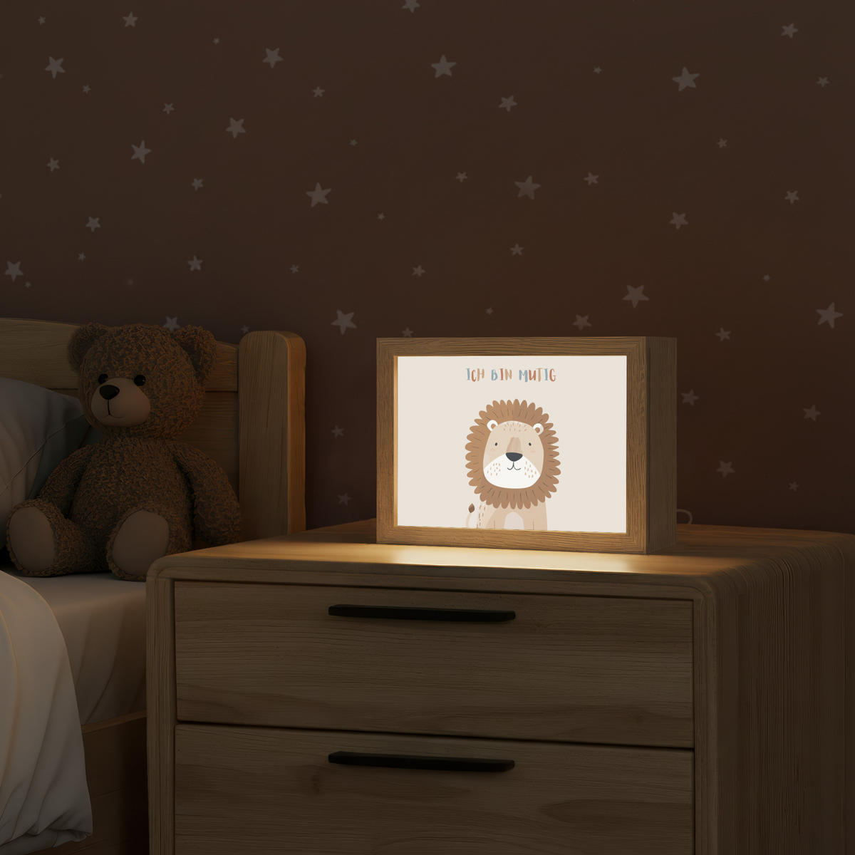 NACHTTISCHLAMPE Löwe - Beige - Tier - Mutig - Zitat 20x15 cm - Beige, Holzwerkstoff (8/20/15cm)