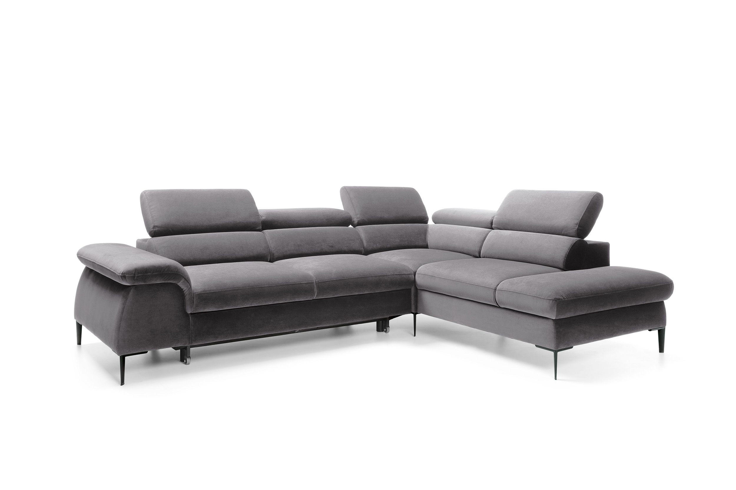 ECKSOFA MESTO Grau Velours-Stoff mit Schlaffunktion - Grau, Holz (280/214cm) - MASSENO