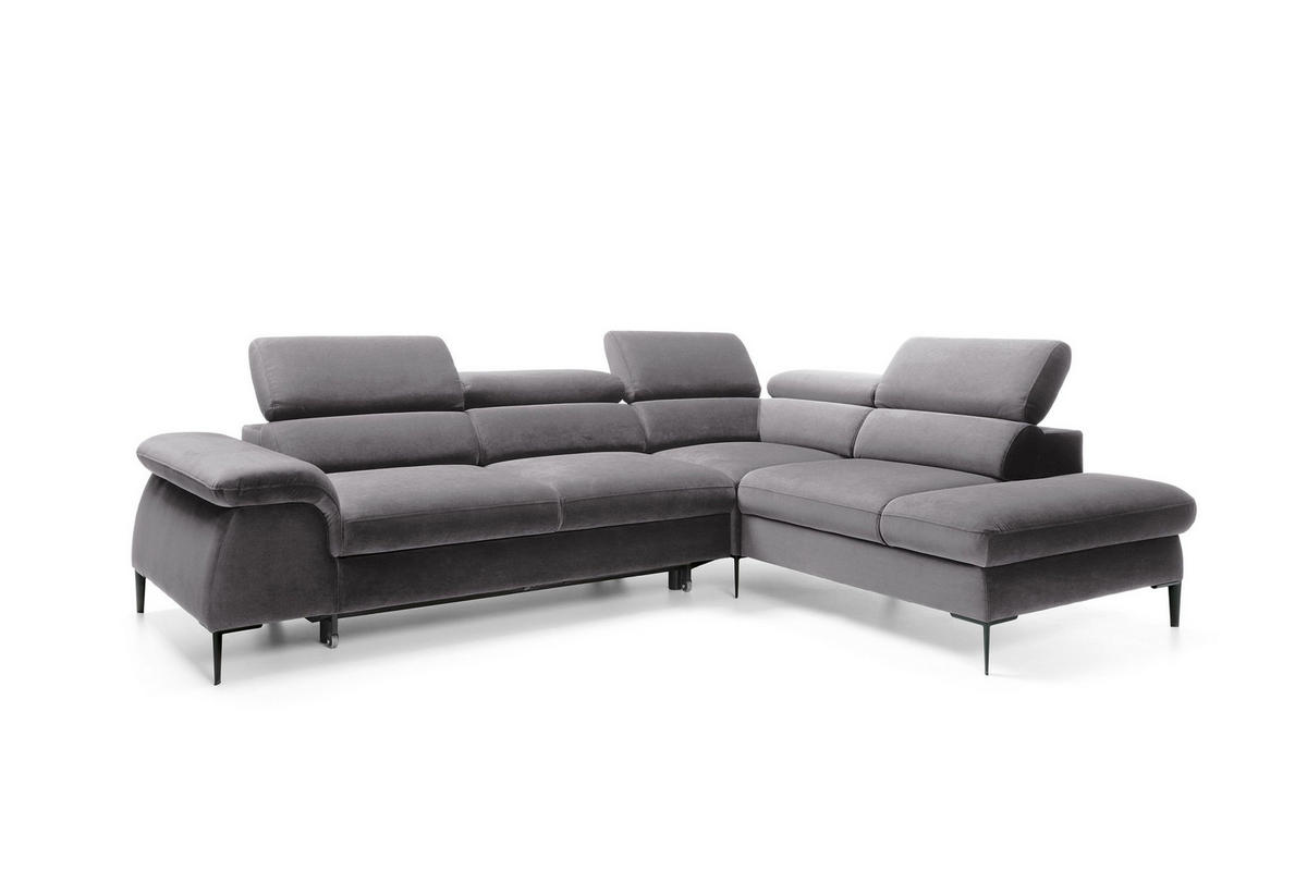 ECKSOFA MESTO Grau Velours-Stoff mit Schlaffunktion - Grau, Holz (280/214cm) - MASSENO