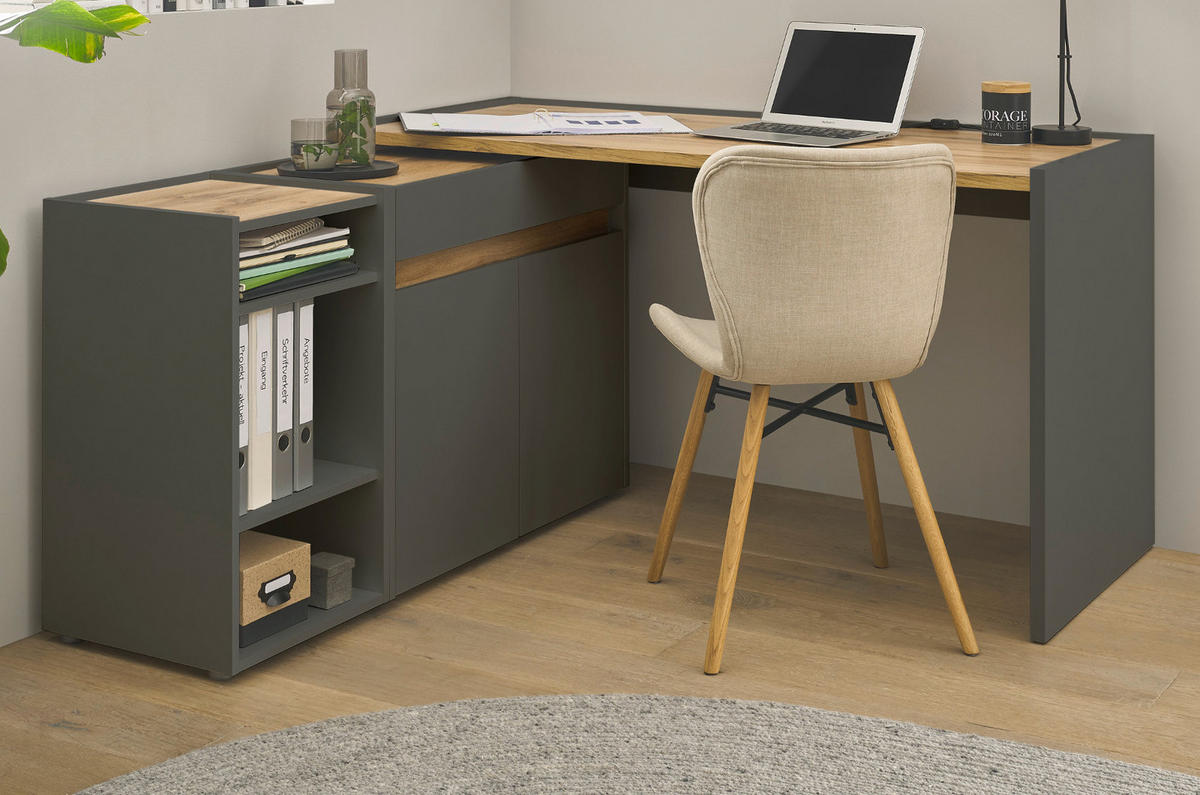 SCHREIBTISCHKOMBINATION 3-teilig grau matt, Eiche Wotan 143 cm, Büromöbel Set mit Aktenregal und Kommode - Eiche Wotan/Schwarz, Holzwerkstoff/Kunststoff (140/143/76cm) - Furn.Design