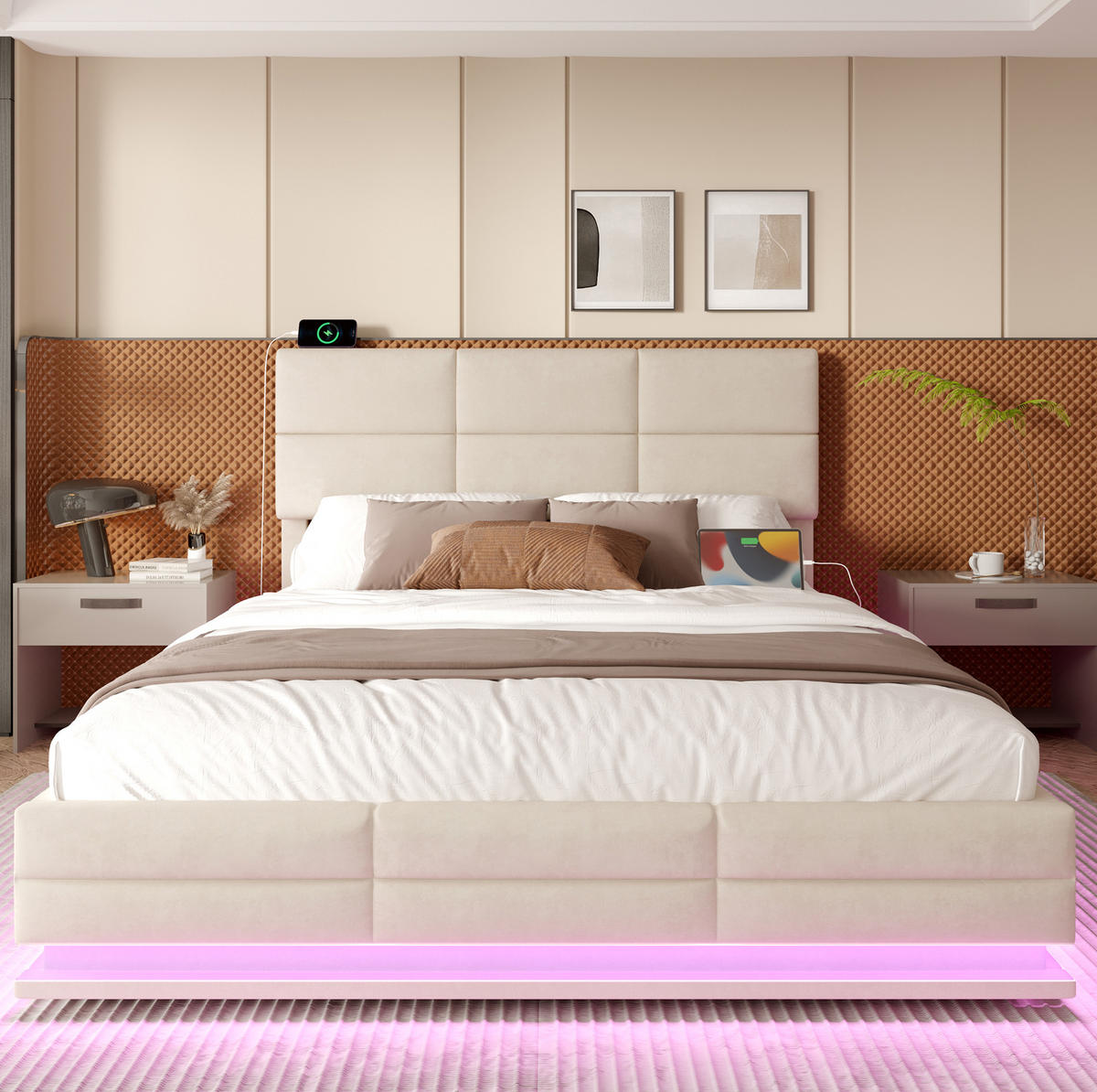 POLSTERBETT 140/200 cm Beige aus Samt mit LED-Beleuchtung und Stauraum - Beige, Textil (140/200cm) - Flora Grace