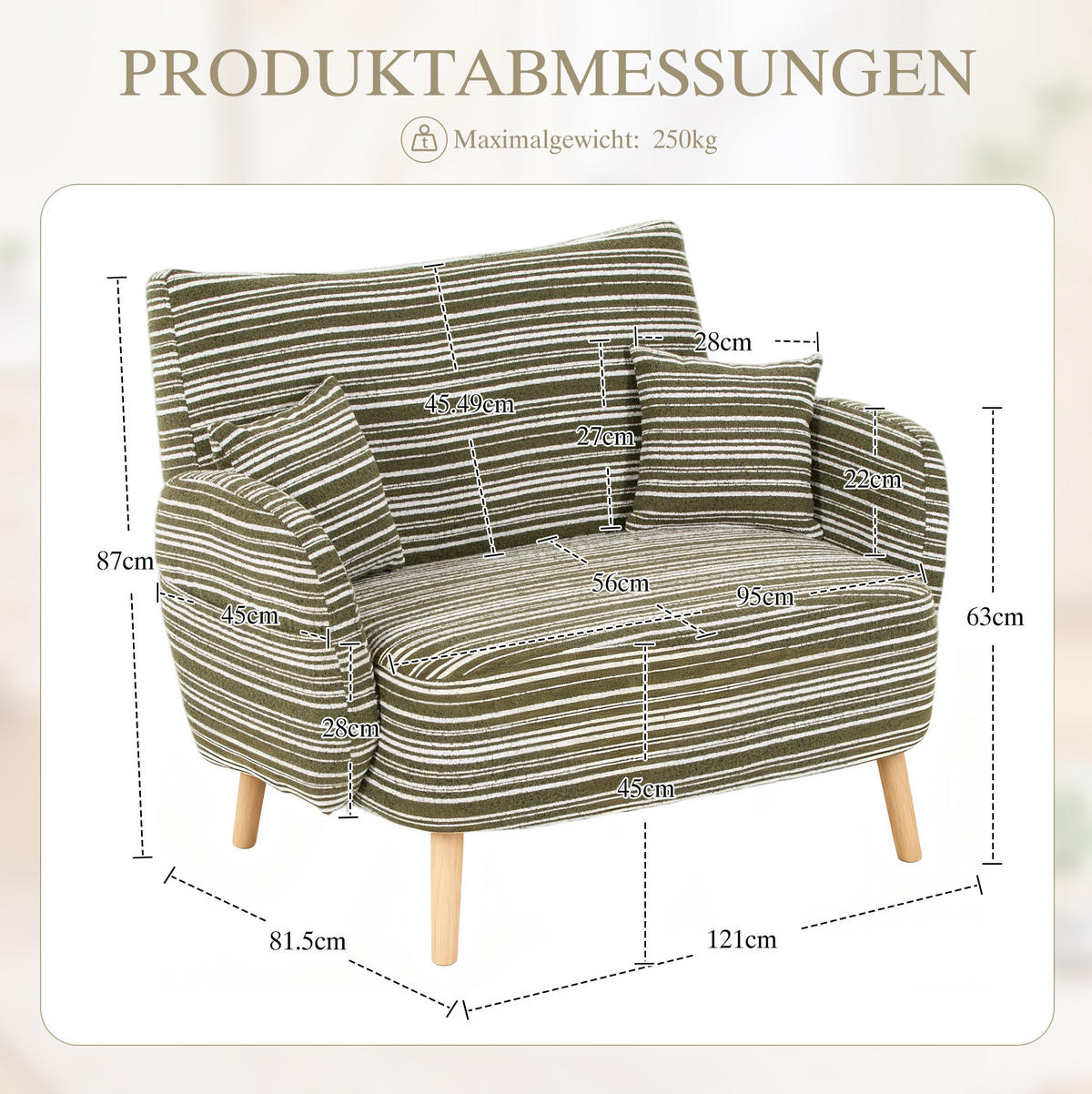 2-SITZER-SOFA aus Bouclé 121x81,5x87 cm in Olivgrün mit Seitentaschen - Grün, Textil (81.5/87/121cm) - Modfu