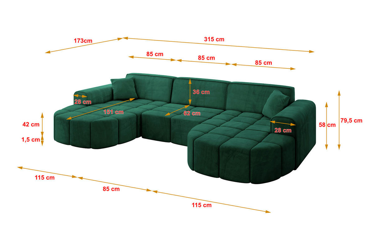 WOHNLANDSCHAFT LIVO-U1 - 315x173x79,5 cm Grün - Grün, Holzwerkstoff/Textil (315/79/173cm) - ALTDECOR