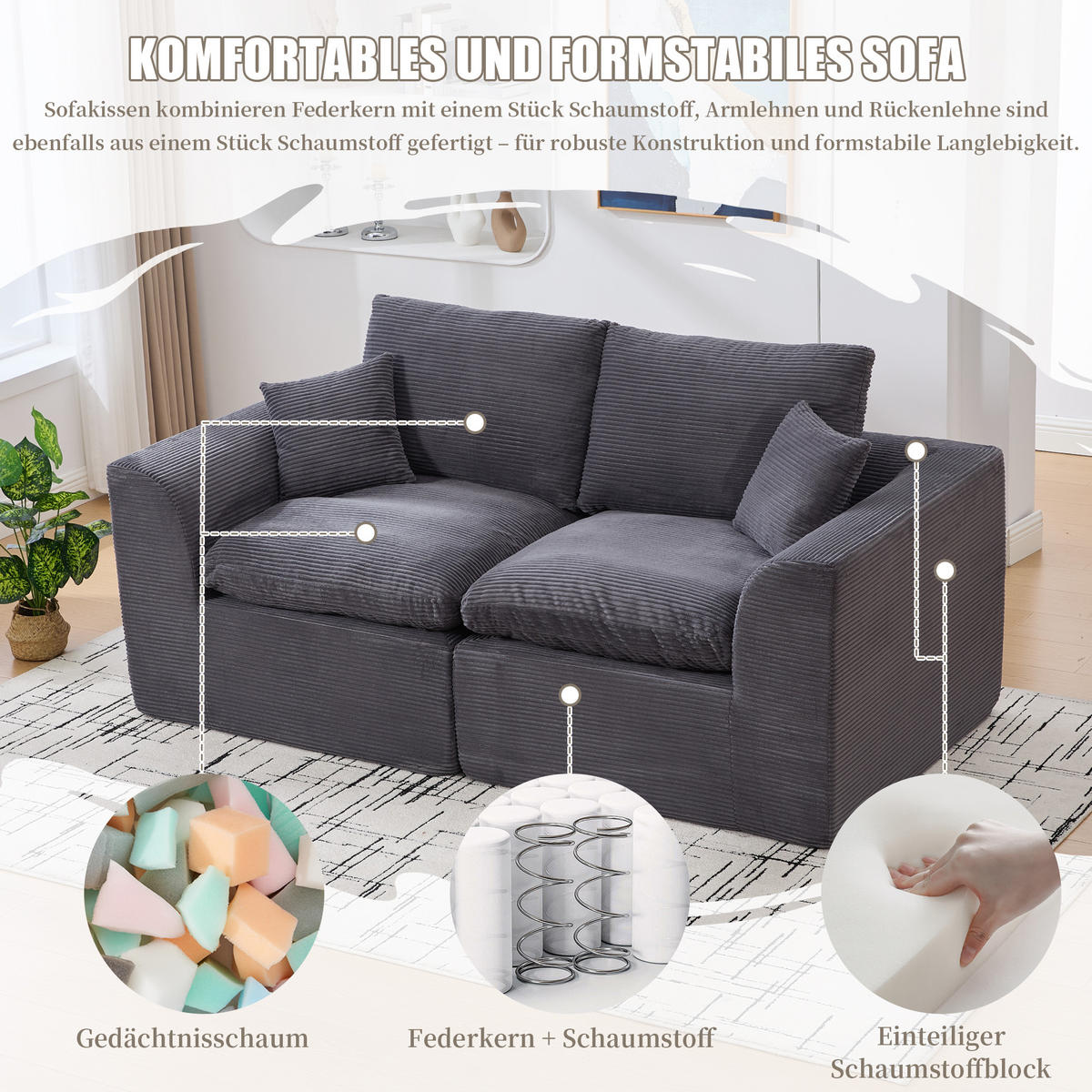 2-SITZER-SOFA XXL aus Cord mit Federkern-Polsterung Montagefrei - Dunkelgrau, Textil (204/84/102cm) - Urban Meuble