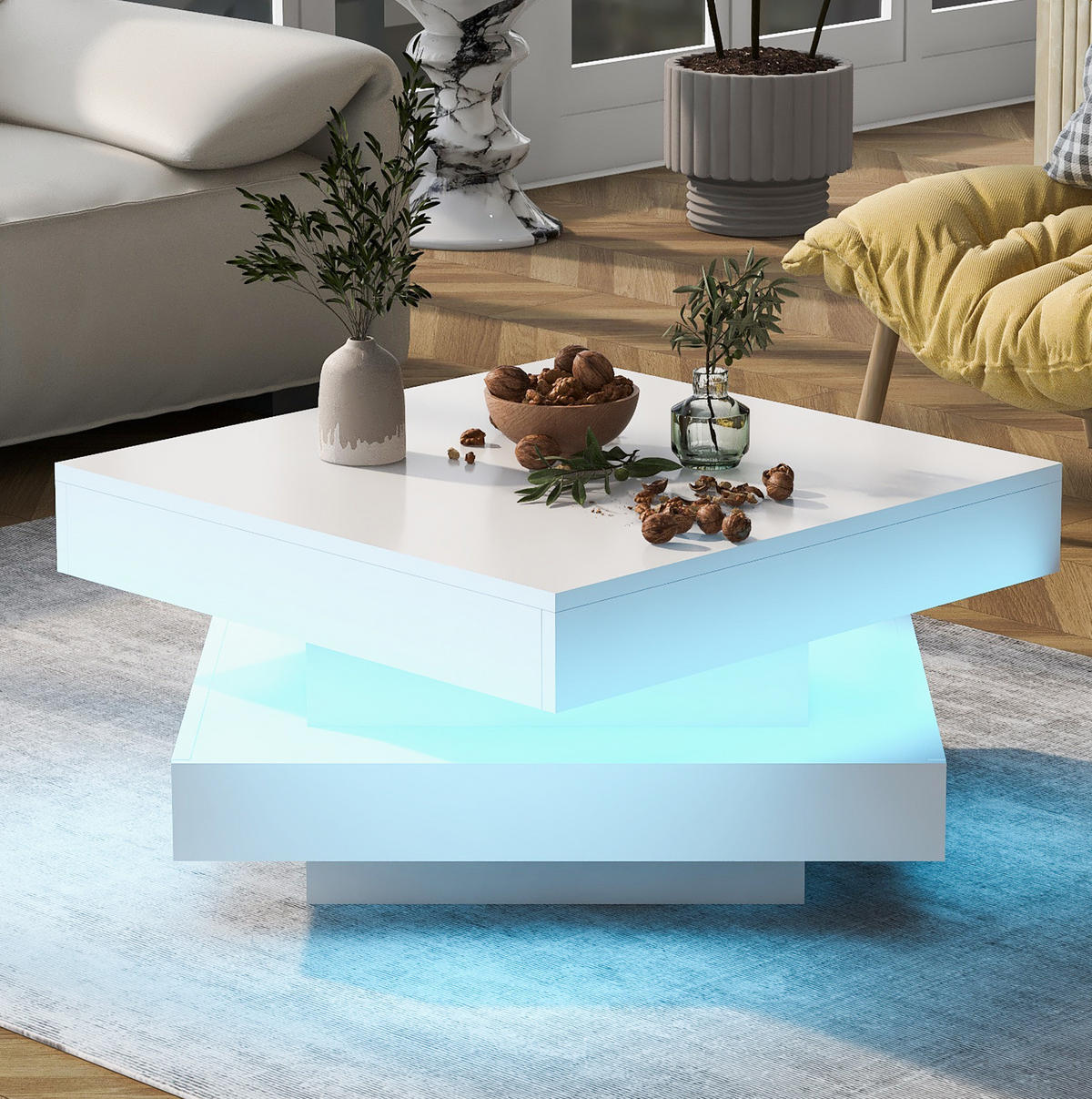 COUCHTISCH 70/70/36 cm mit 360° drehbarer Tischplatte, LED-Beleuchtung und Hochglanz-Oberfläche, Weiß - Weiß, Holzwerkstoff (70/70/36cm) - Redom