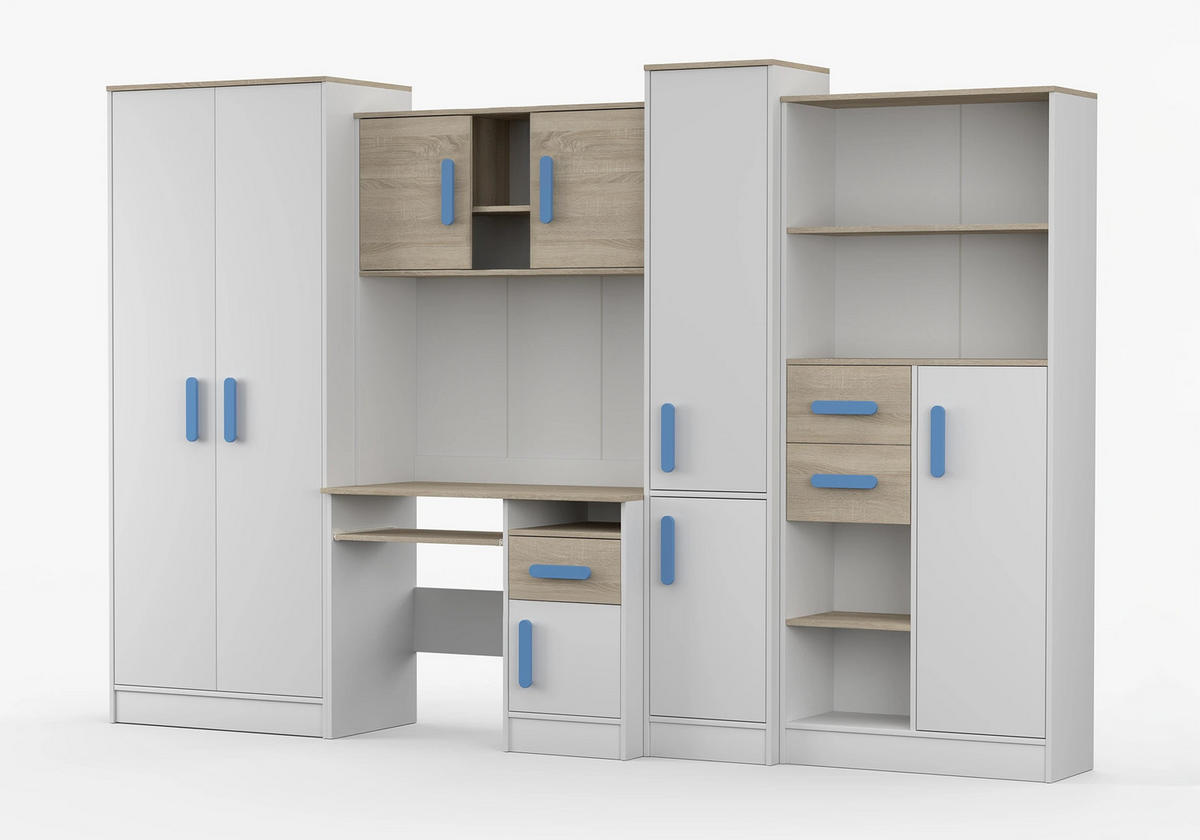 JUGENDZIMMER Wohnwand Colorino in Weiß und Eiche Sonoma – mit blauen Griffen 5 teilig - Kinderzimmer Komplett - Weiß, Holzwerkstoff (80/200/120cm)