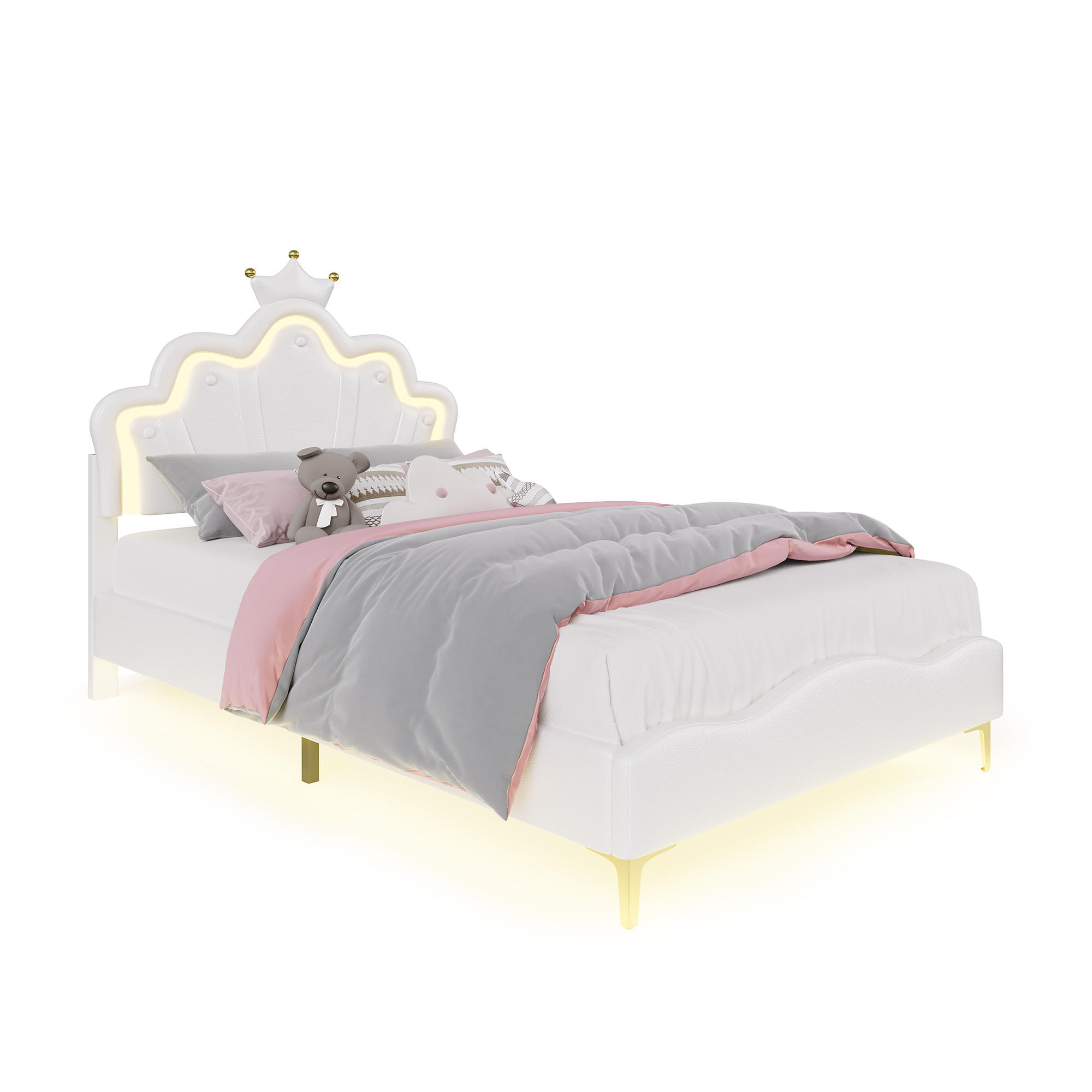 POLSTER-KINDERBETT 140x190 mit Kronenkopfteil & doppelte LED-Beleuchtung - Weiß, Holz - SHOPENTRA