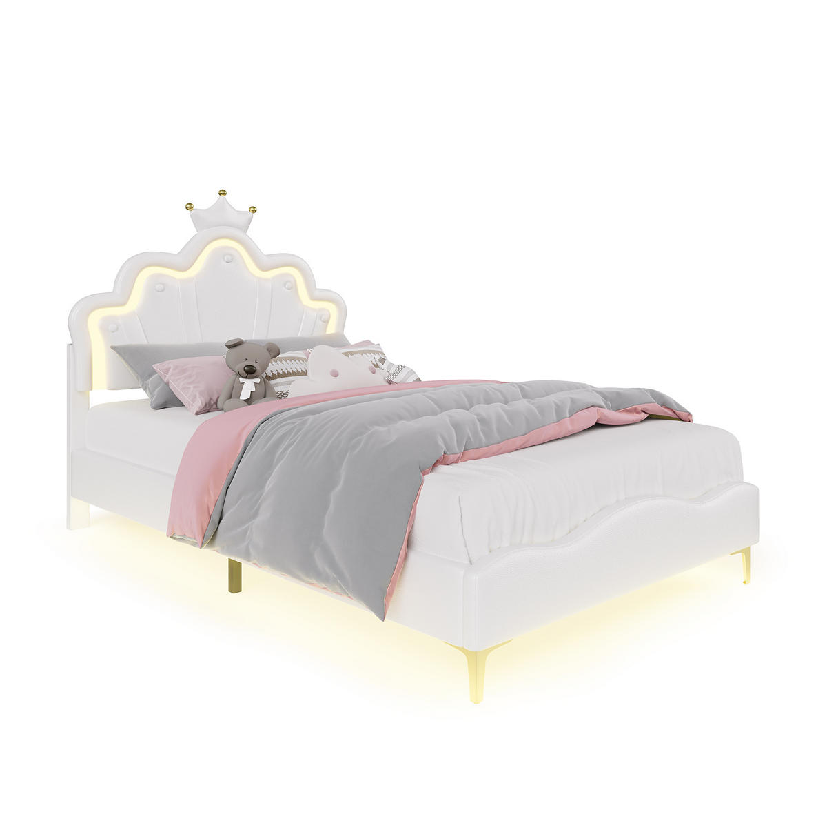 ČALÚNENÁ posteľ 140x190 cm s LED osvetlením, korunou a PU poťahom, biela - biela, kov (140/190cm) - EuroLiving
