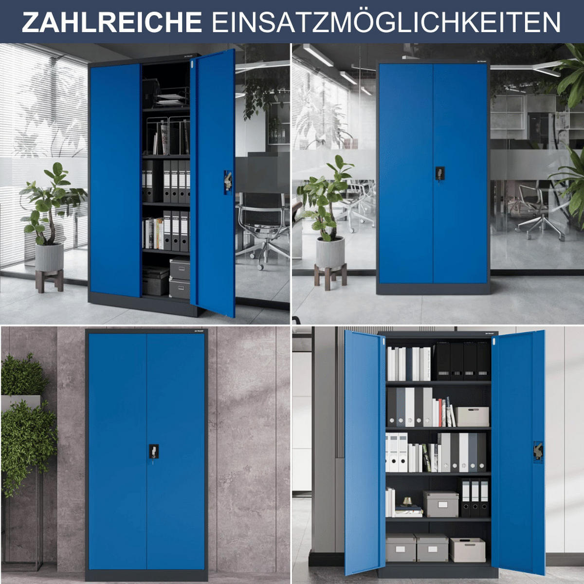 AKTENSCHRANK abschließbar 4er Set KADO 195x90x40cm Anthrazit-Blau - Anthrazit, Metall (90/195/40cm) - DELUKE